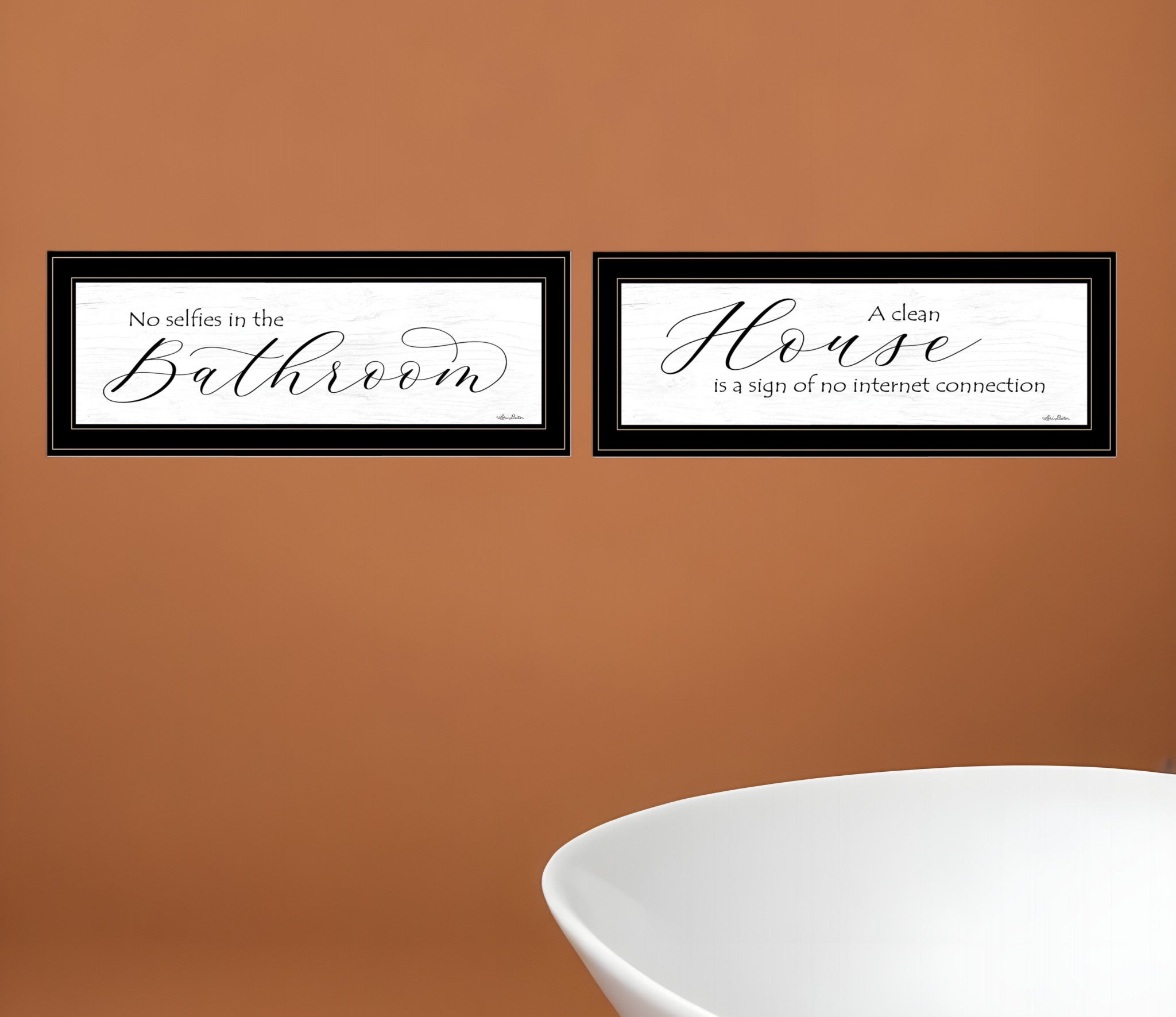 Set Of Two Household Humor 3 Black Framed Print Bathroom Wall Art