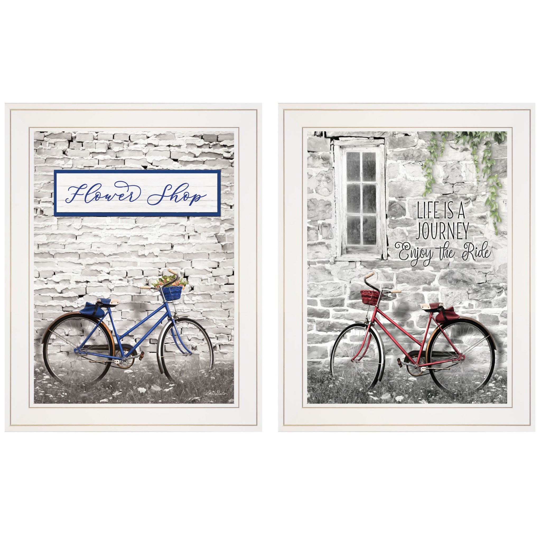 Set Of Two Romantic Bicycles 1 White Framed Print Wall Art