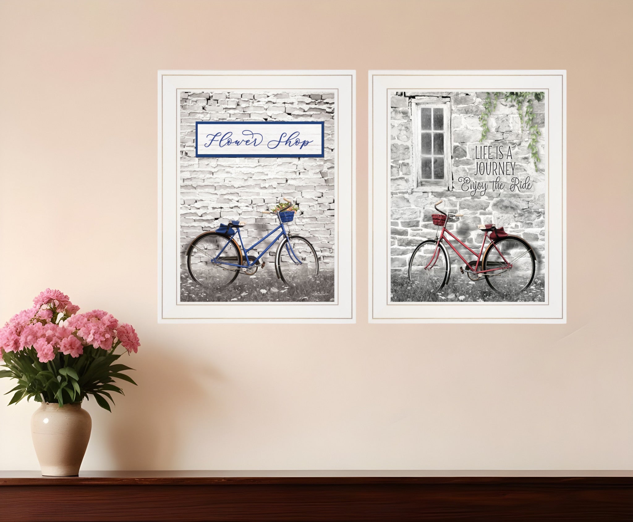 Set Of Two Romantic Bicycles 1 White Framed Print Wall Art