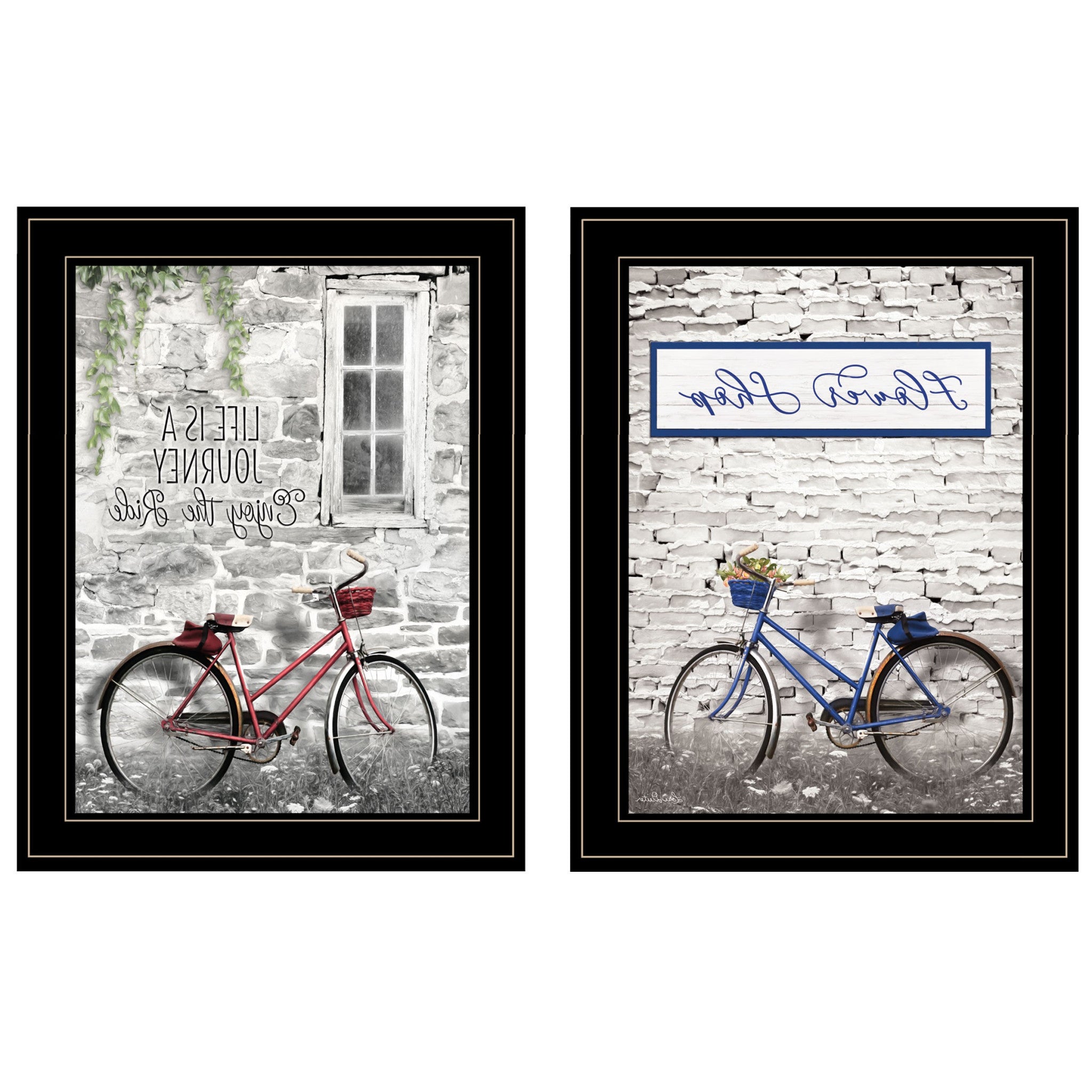 Set Of Two Romantic Bicycles 2 Black Framed Print Wall Art