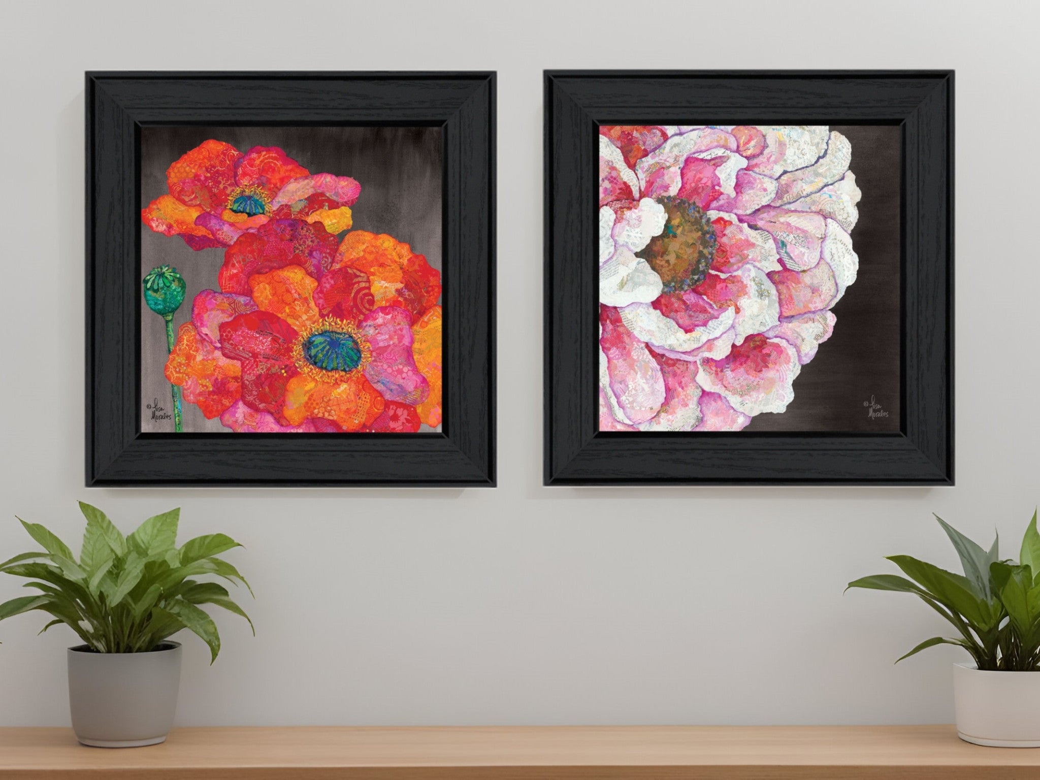 Set Of Two Blooms on Black 2 Black Framed Print Wall Art