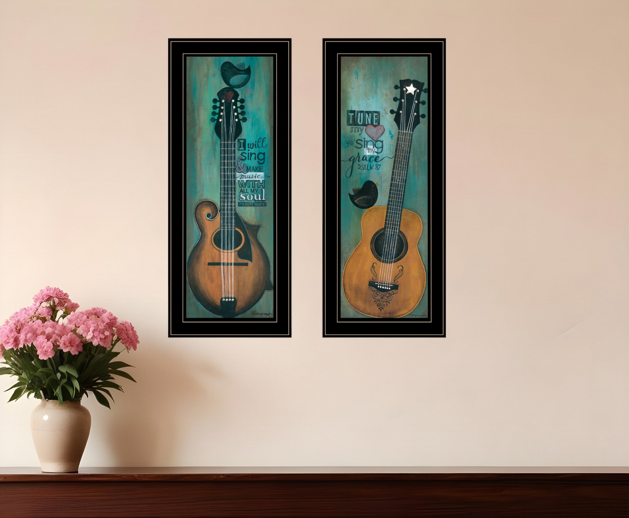 Set Of Two Tune my Heart and I will Sing 2 Black Framed Print Wall Art