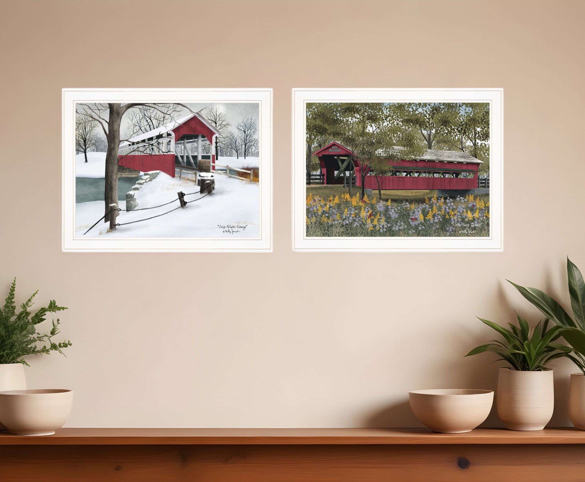 Set Of Two Covered Bridge Collection III White Framed Print Wall Art