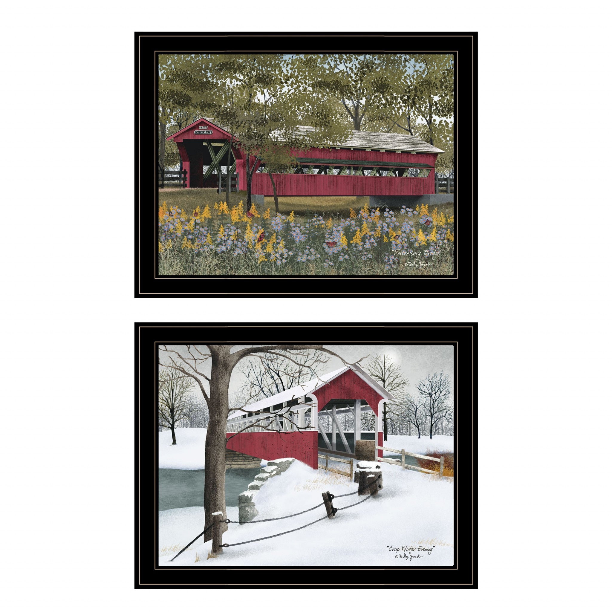 Set Of Two Billy Jacobs Covered Bridge Collection III Black Framed Print Wall Art