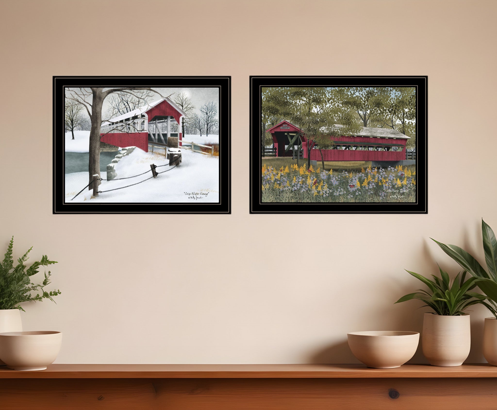 Set Of Two Billy Jacobs Covered Bridge Collection III Black Framed Print Wall Art