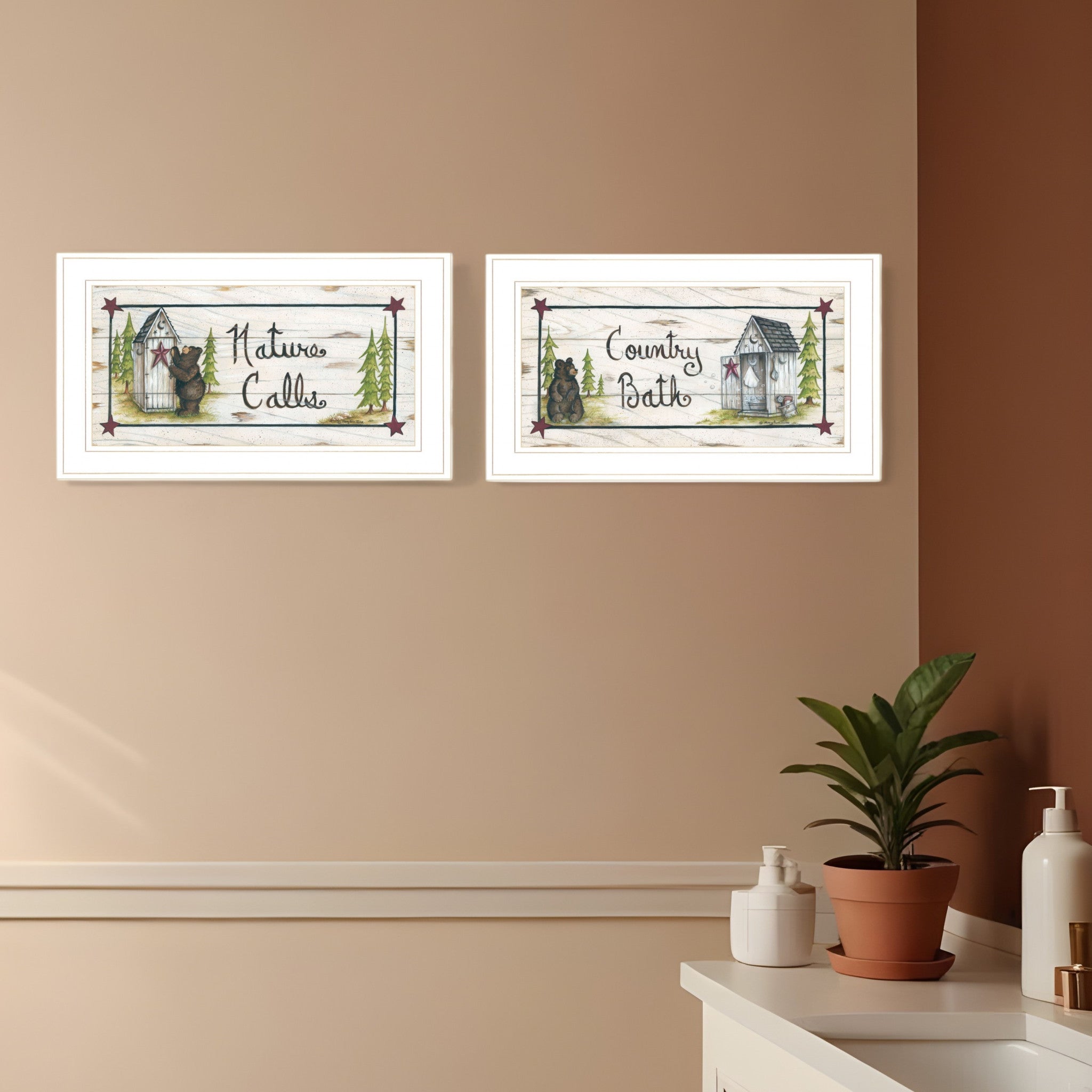 Set Of Two Nature Calls 1 White Framed Print Bathroom Wall Art