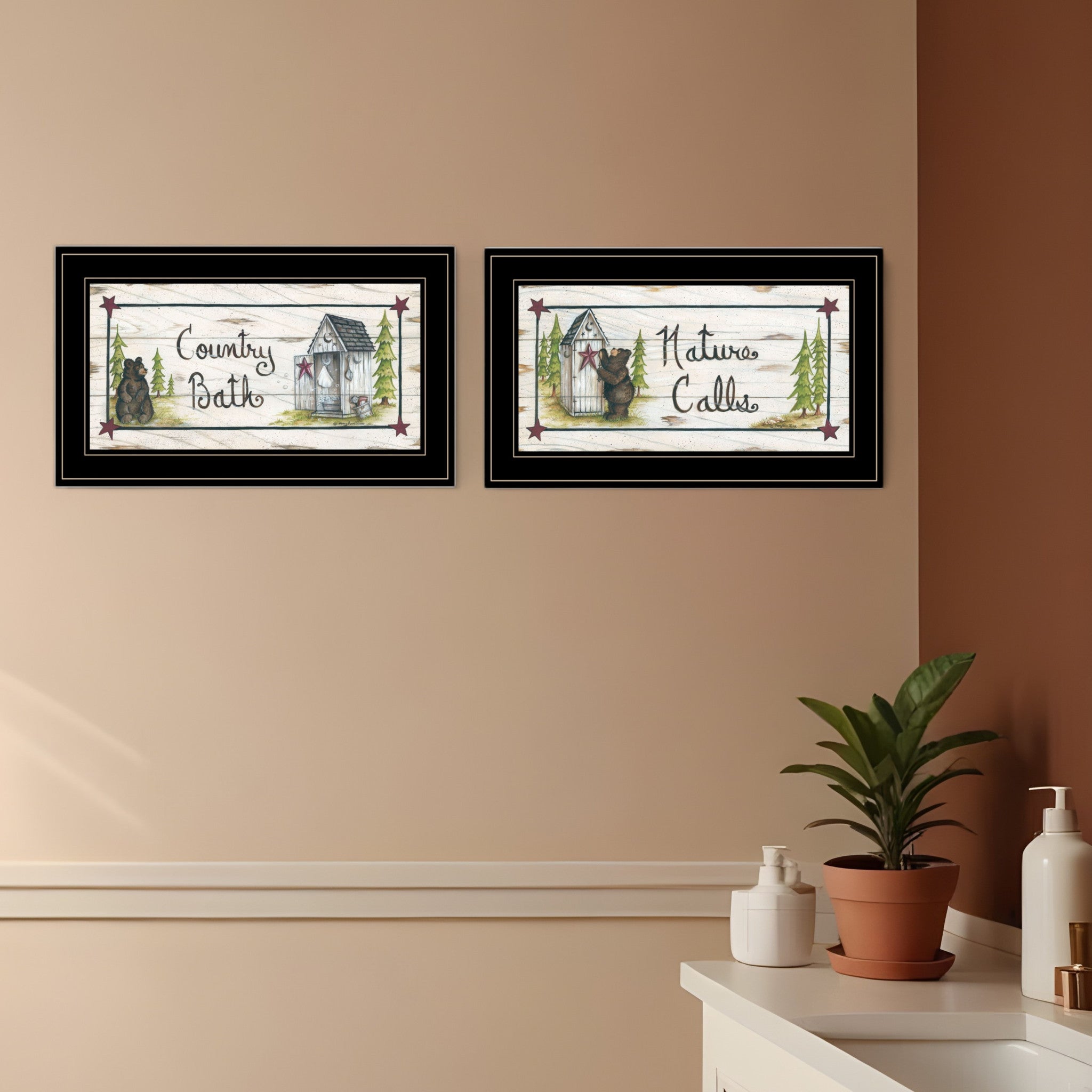 Set Of Two Nature Calls 2 Black Framed Print Bathroom Wall Art