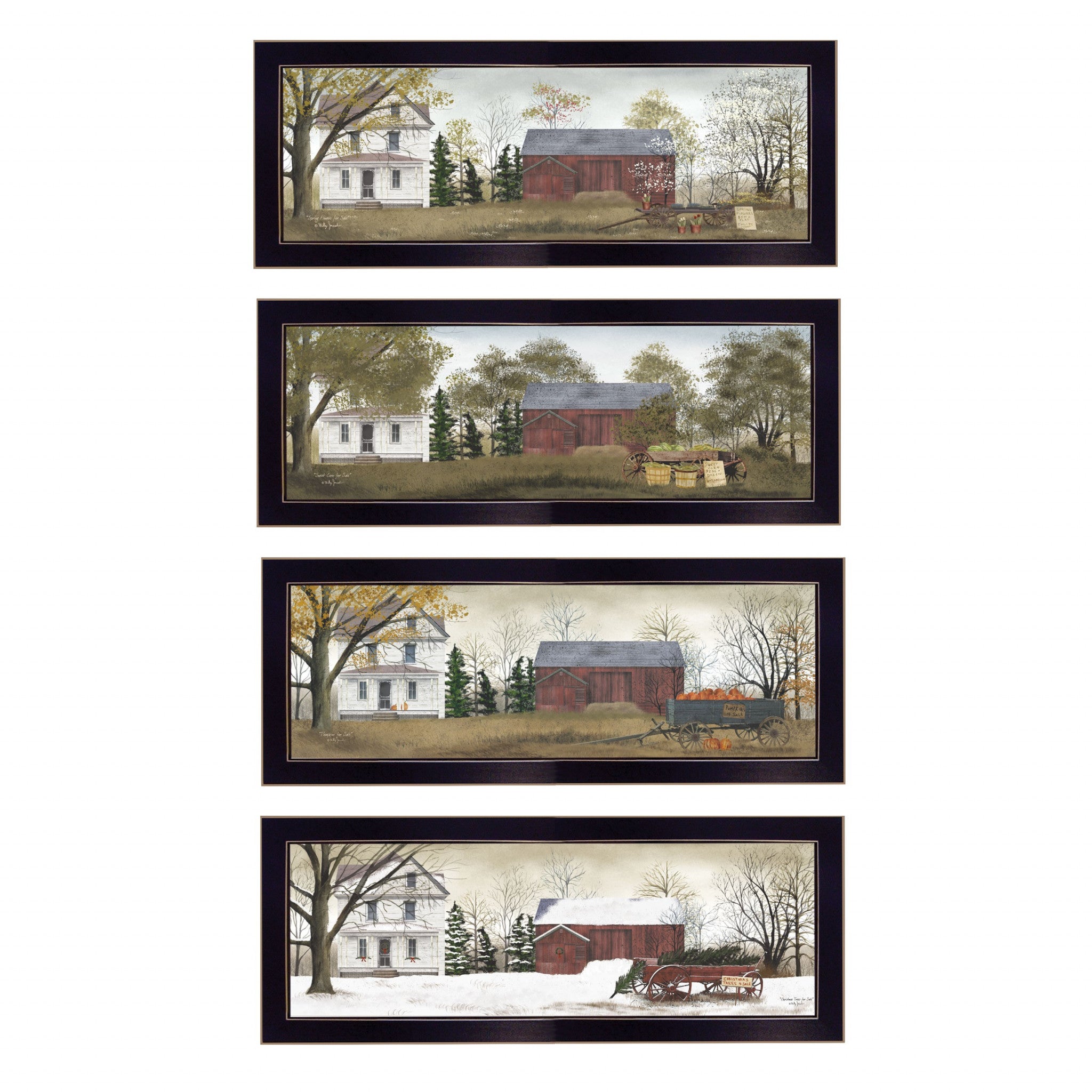 Set Of Four Holiday Seasons on the Farm Black Framed Print Wall Art