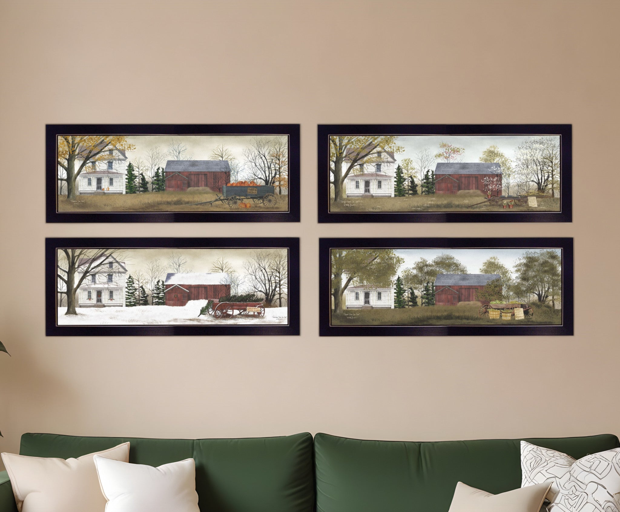 Set Of Four Holiday Seasons on the Farm Black Framed Print Wall Art