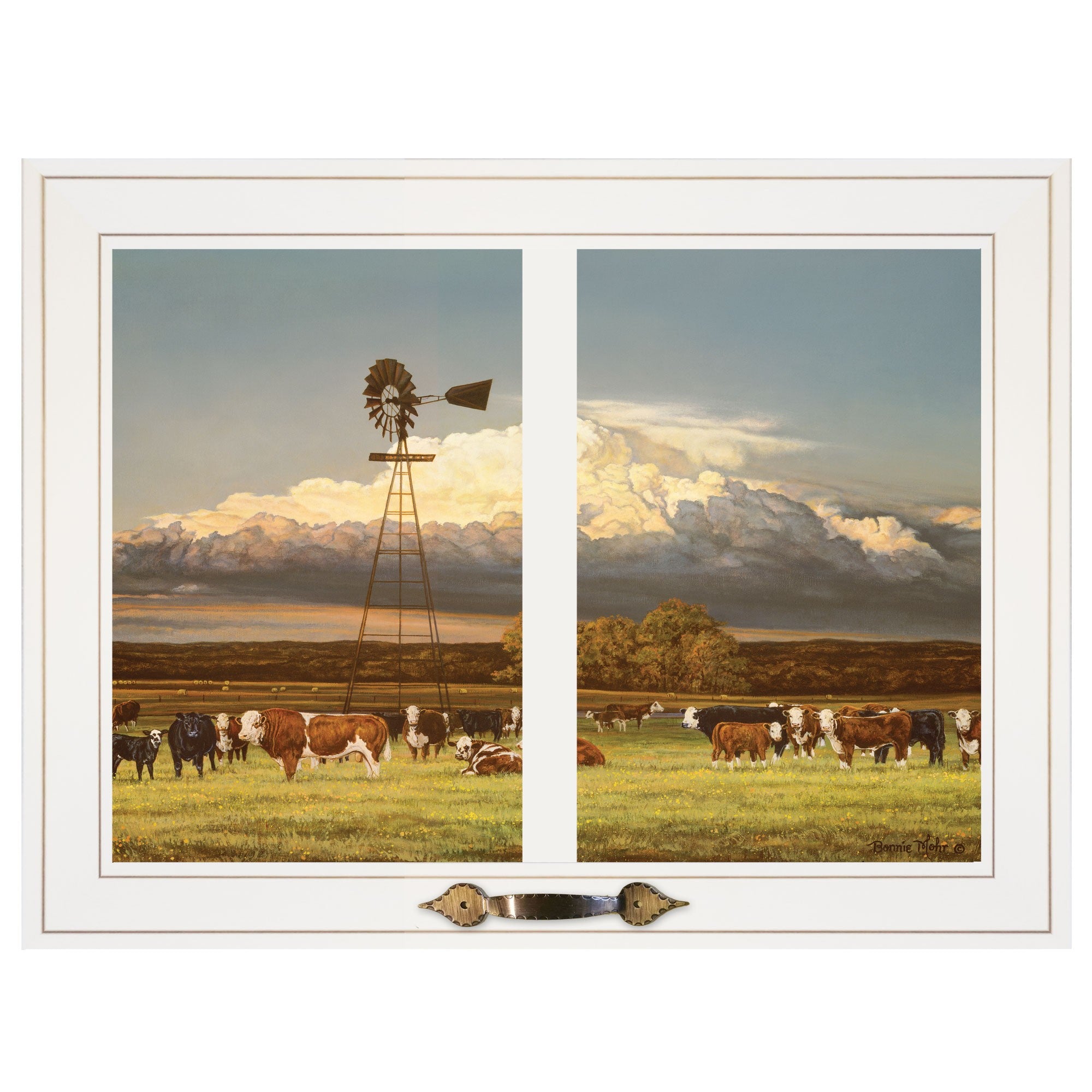 Summer Pastures Holstein cows with windmill 1 White Framed Print Wall Art