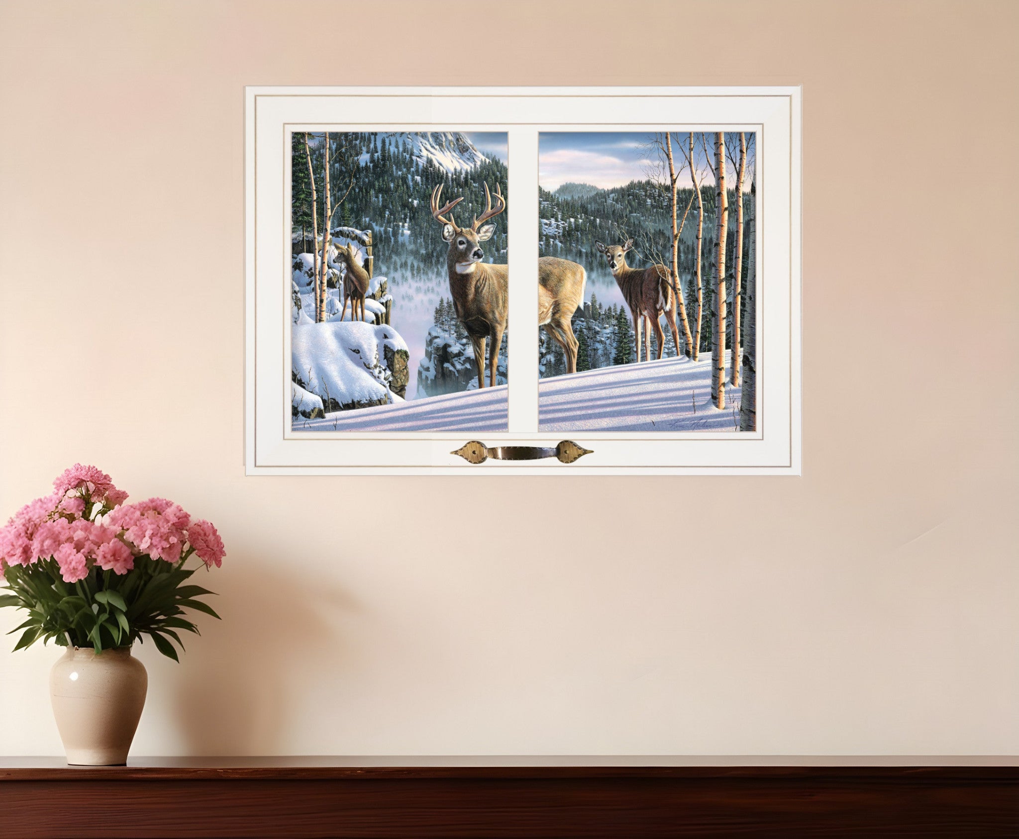 Morning View Deer 3 White Framed Print Wall Art