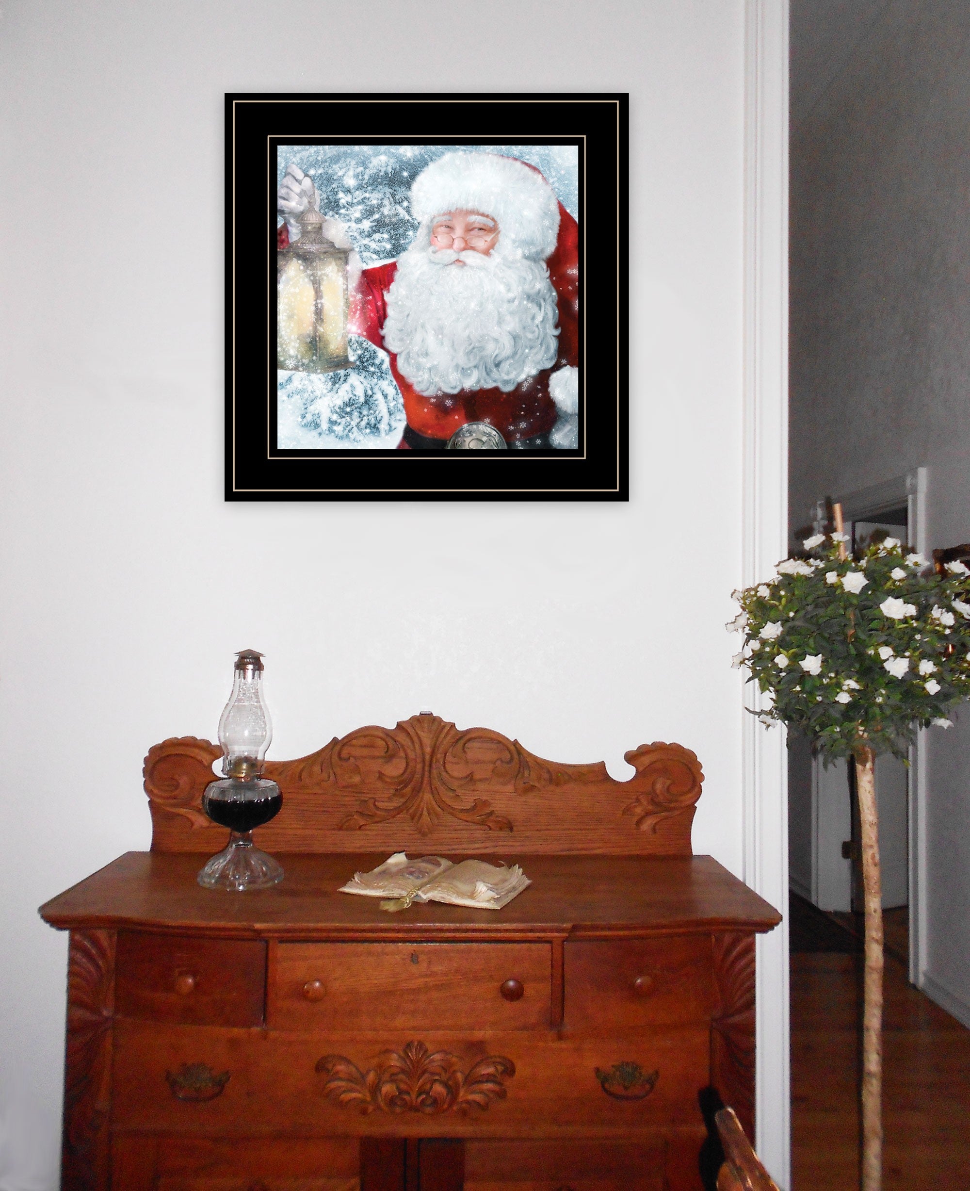 Santa with Lantern 2 Black Framed Print Wall Art