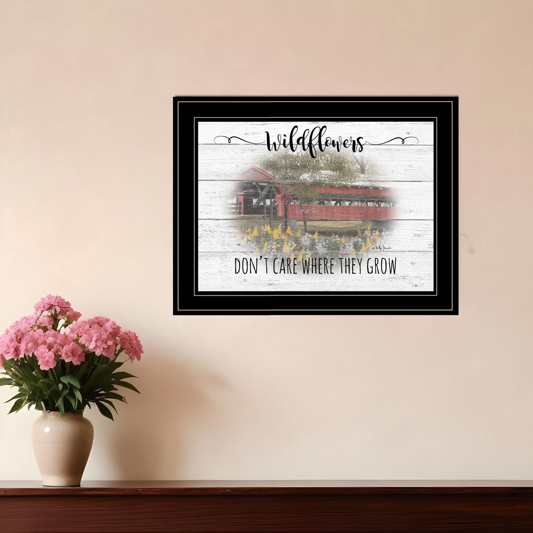 Wildflowers Covered Bridge Black Framed Print Wall Art