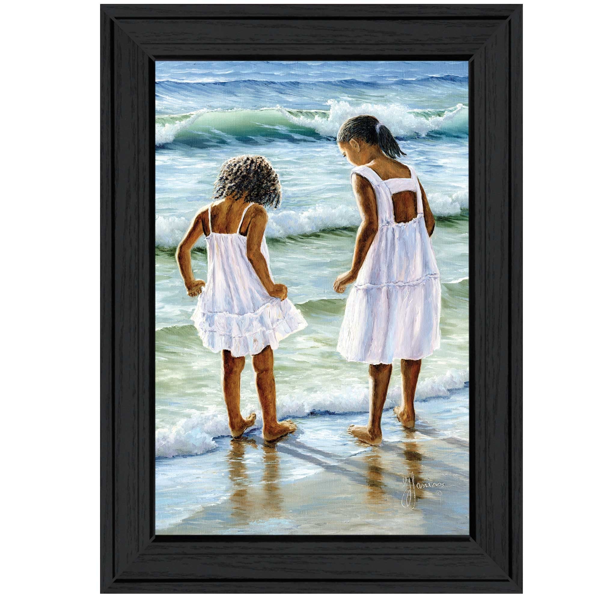 Two Girls at the Beach 3 Black Framed Print Wall Art