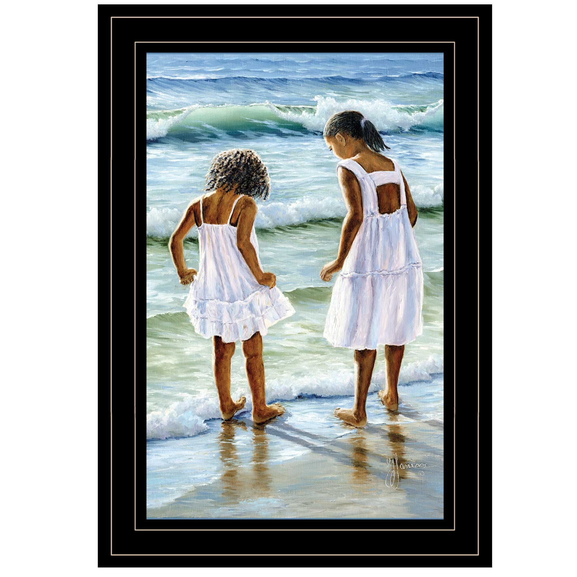 Two Girls at the Beach 4 Black Framed Print Wall Art