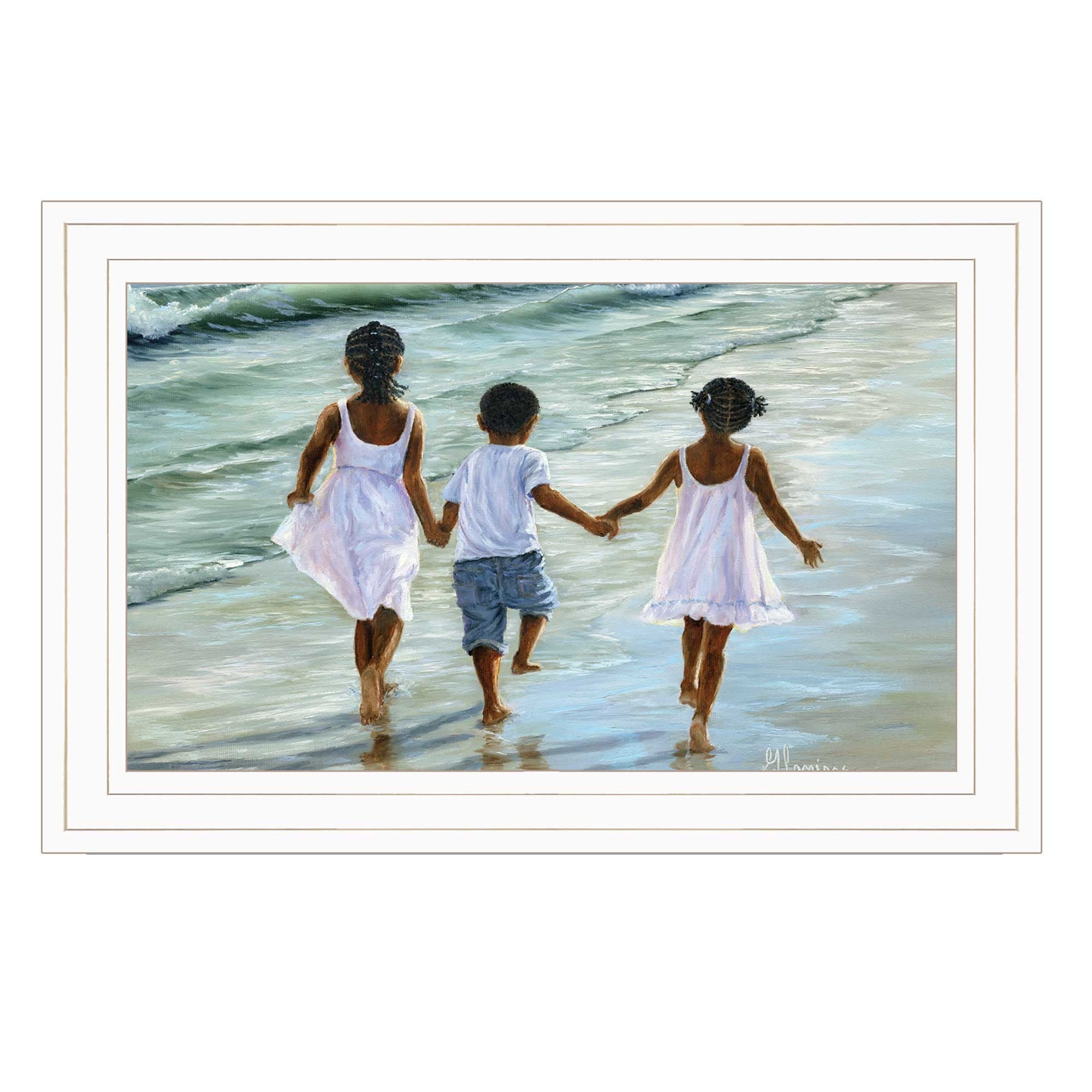 Running on the Beach 2 White Framed Print Wall Art