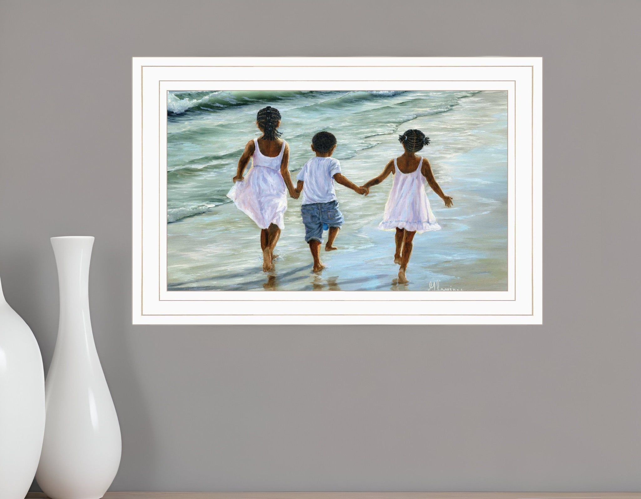 Running on the Beach 2 White Framed Print Wall Art