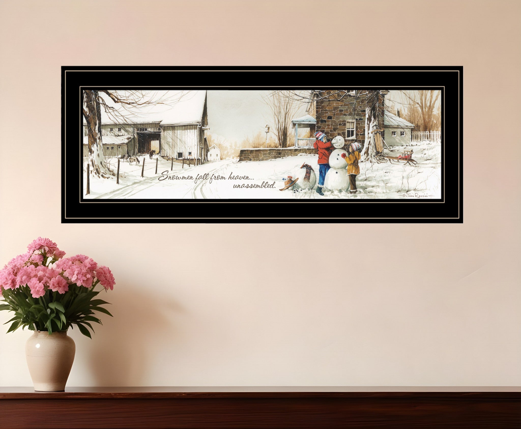 Snowmen from Heaven 3 Black Framed Print Wall Art