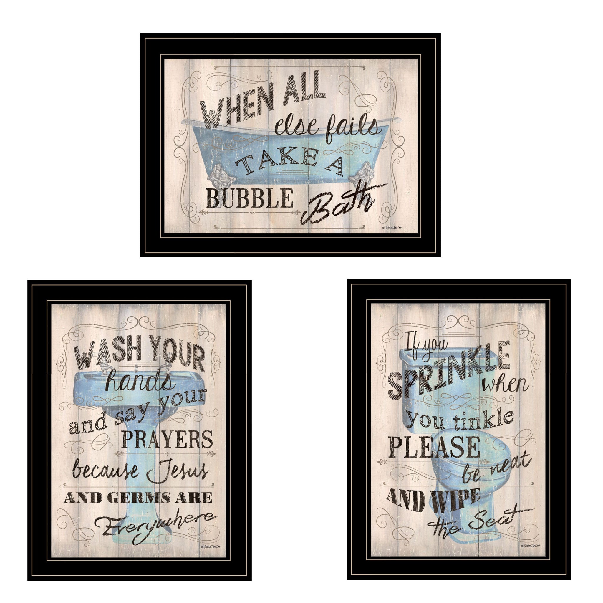 Set Of Three Bathroom Humor Black Framed Print Bathroom Wall Art