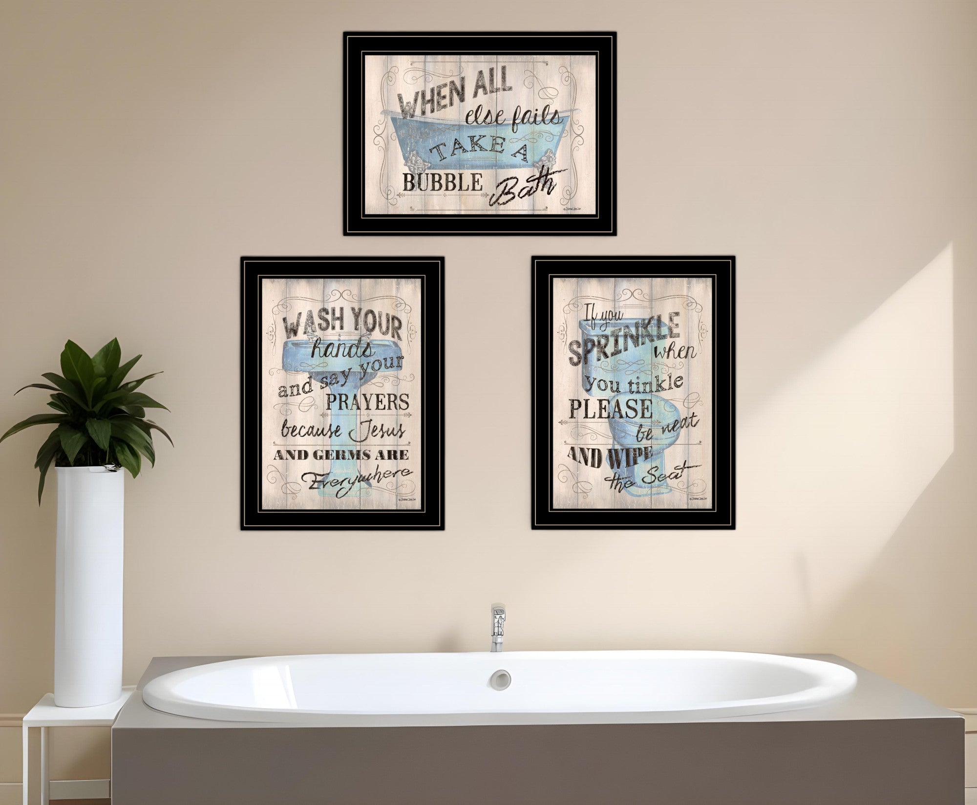 Set Of Three Bathroom Humor Black Framed Print Bathroom Wall Art