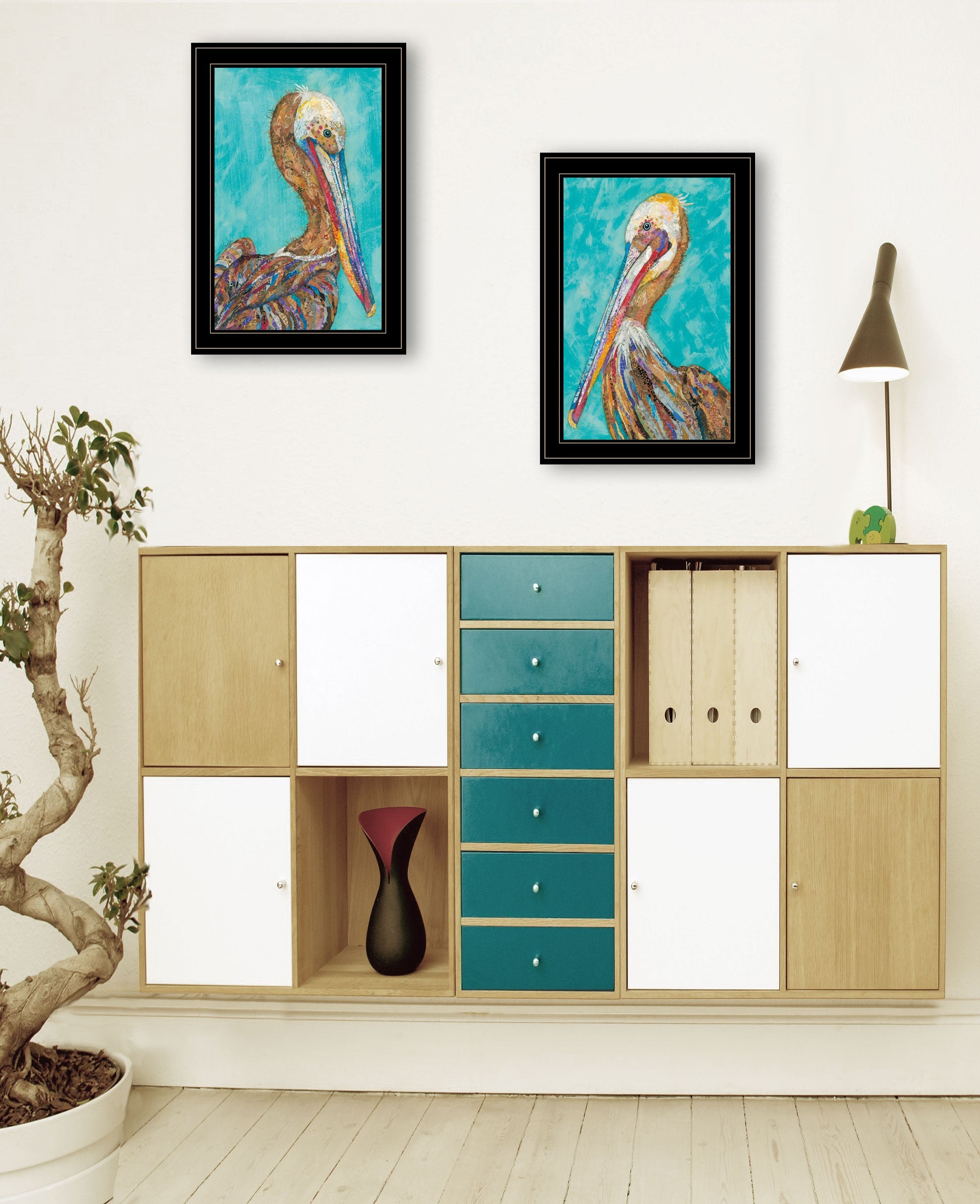 Set Of Two Pelicans Teal Black Framed Print Wall Art