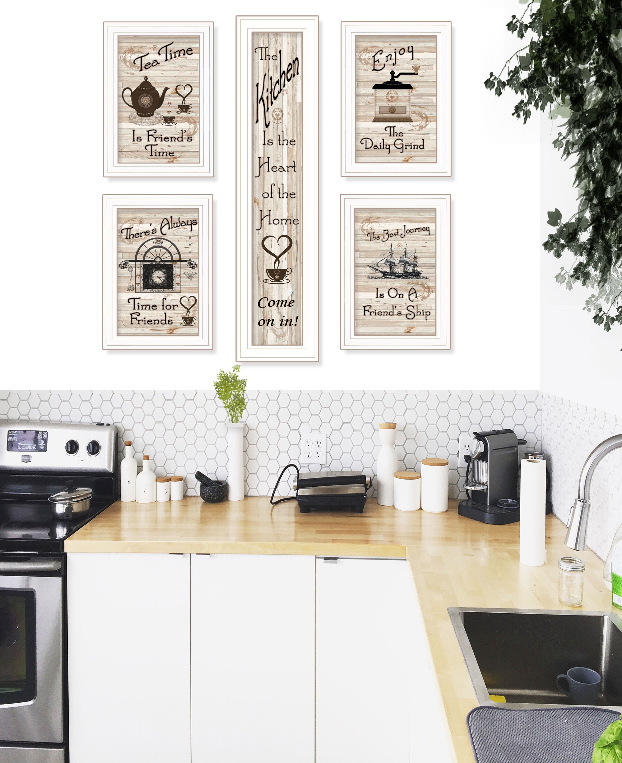 Set Of Five Kitchen Friendship 5 White Framed Print Kitchen Wall Art