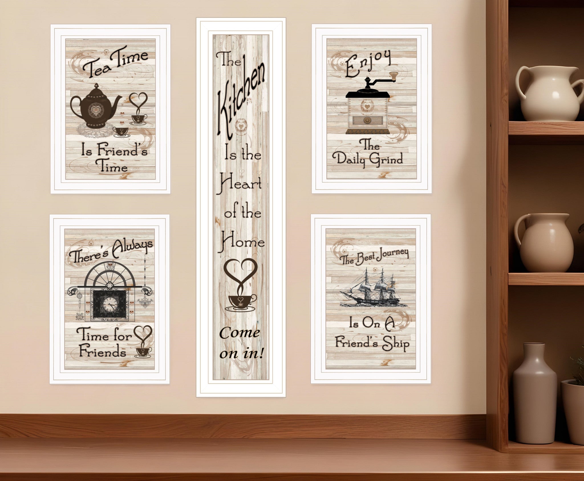 Set Of Five Kitchen Friendship 5 White Framed Print Kitchen Wall Art