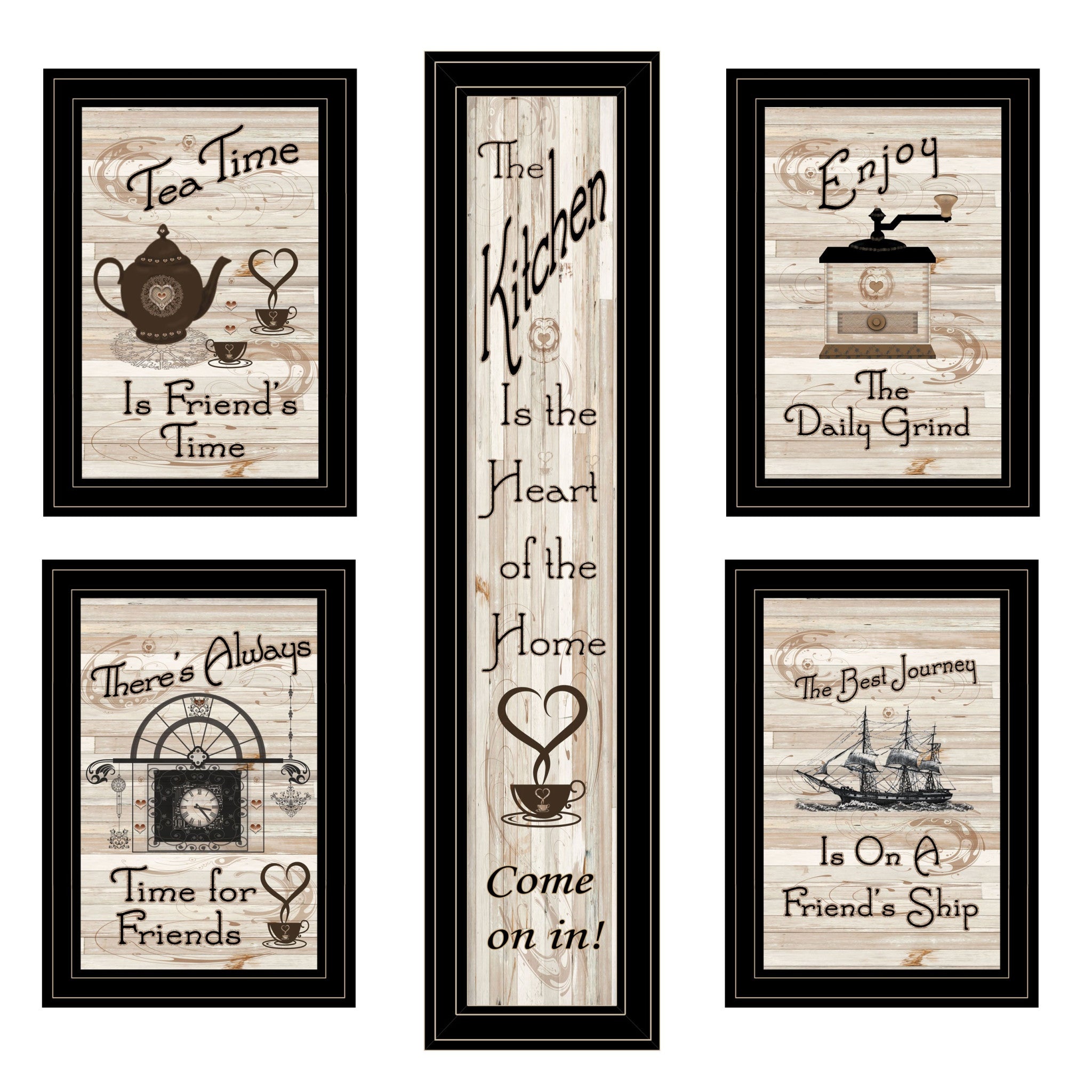 Set Of Five Kitchen Friendship Black Framed Print Kitchen Wall Art