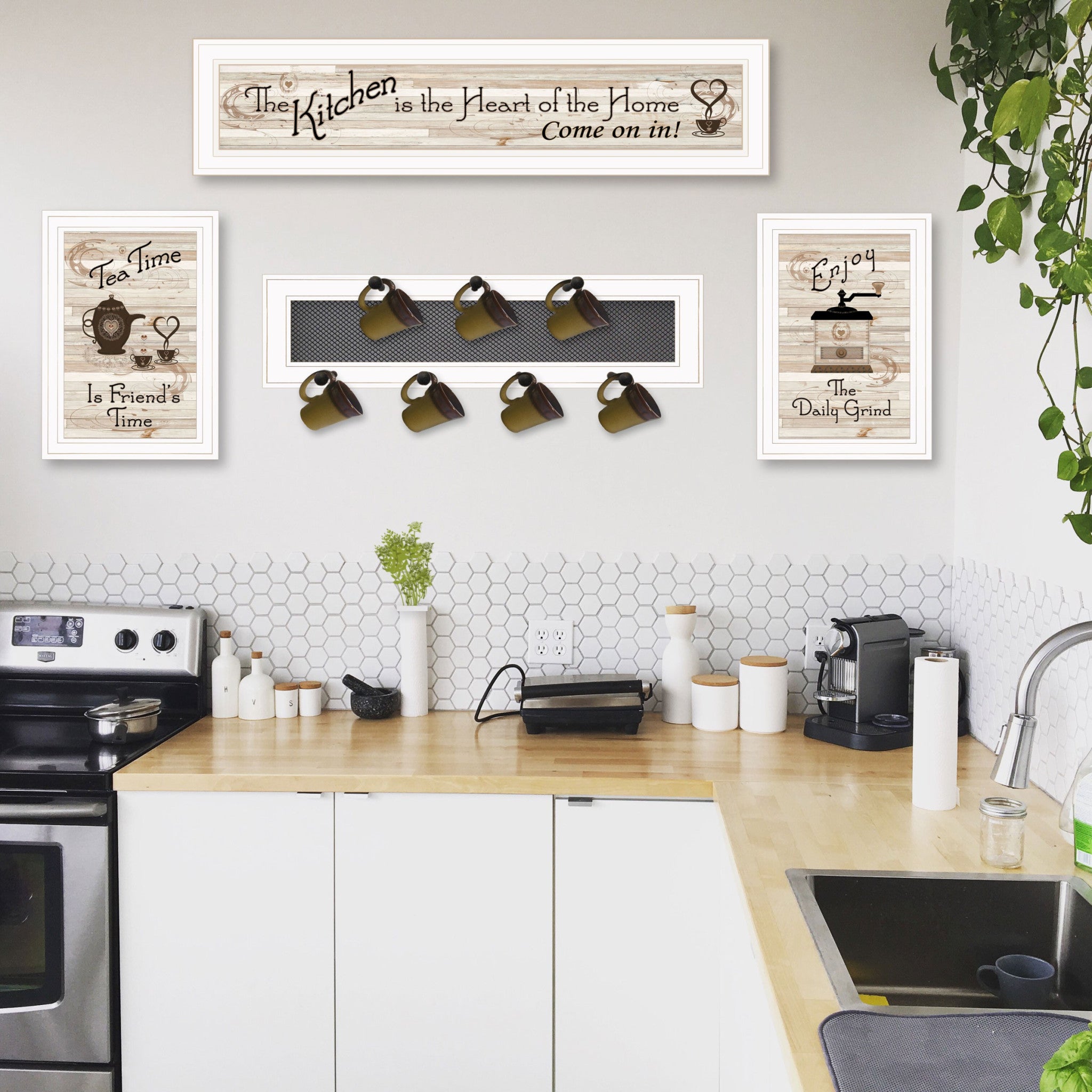 Set Of Four Kitchen Collection Seven Peg Mug Rack White Framed Print Kitchen Wall Art