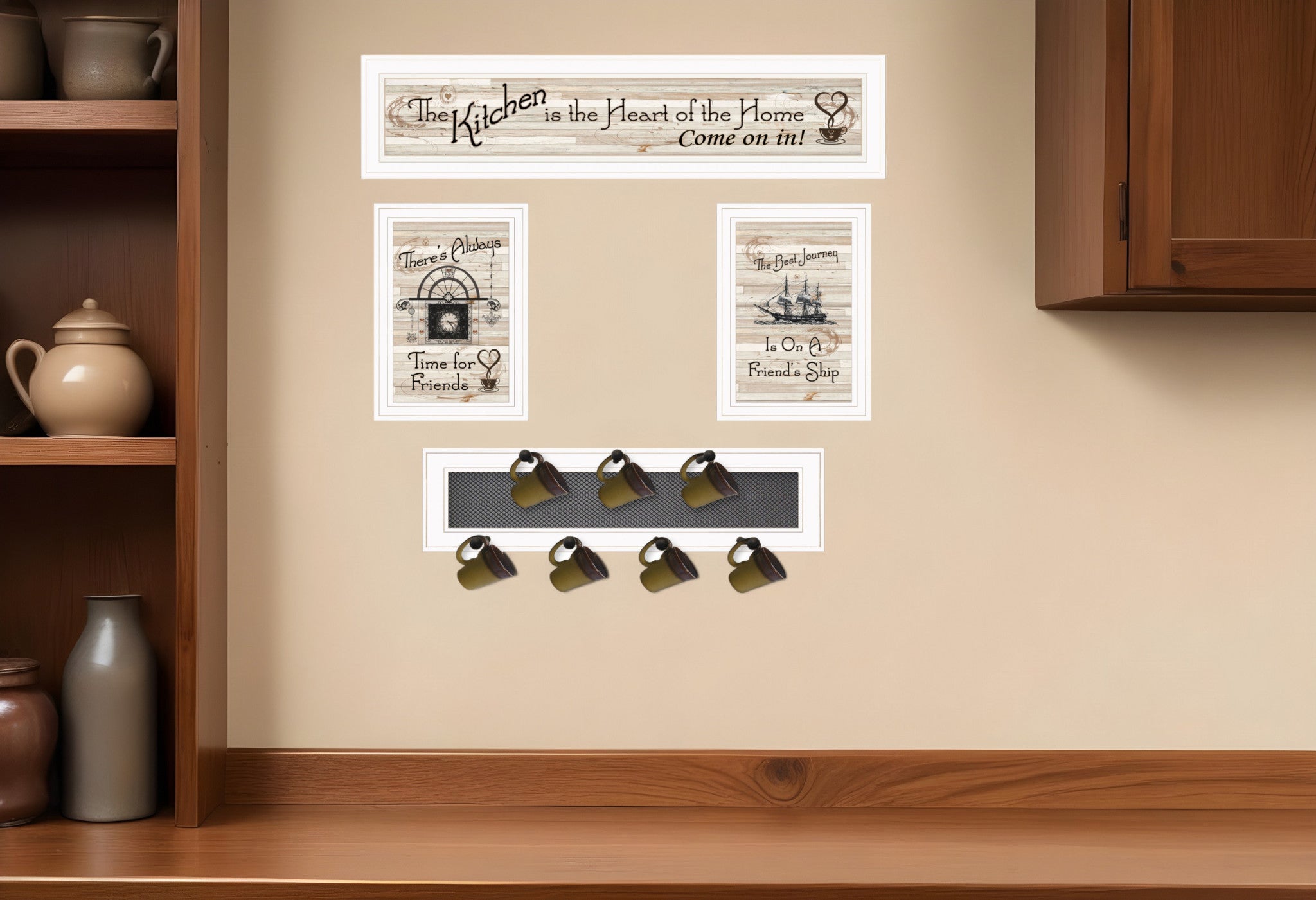 Set Of Four Kitchen Print 33x8 and Mug RackHorizonal 27x8x3 White Frame White Framed Print Kitchen Wall Art