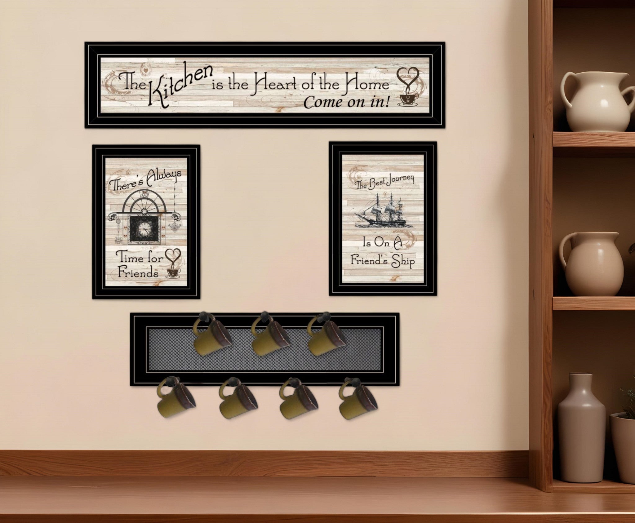 Set Of Four Kitchen Wall Art and Mug Rack