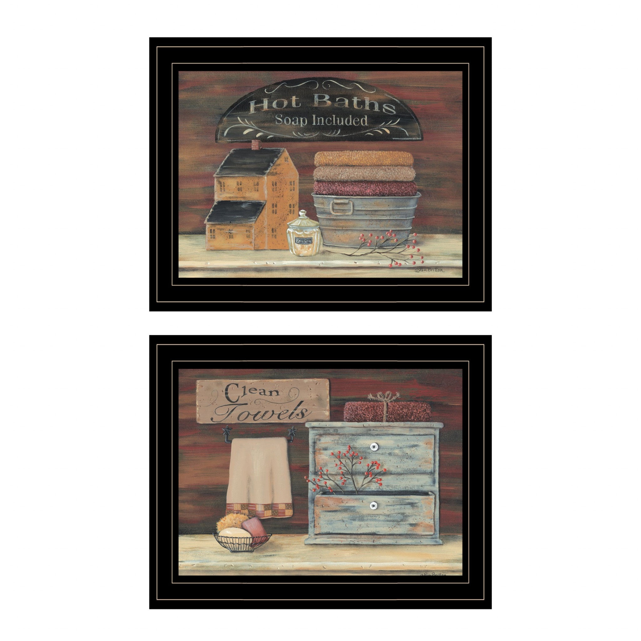 Set Of Two Hot Bath or Clean Towels 2 Black Framed Print Bathroom Wall Art