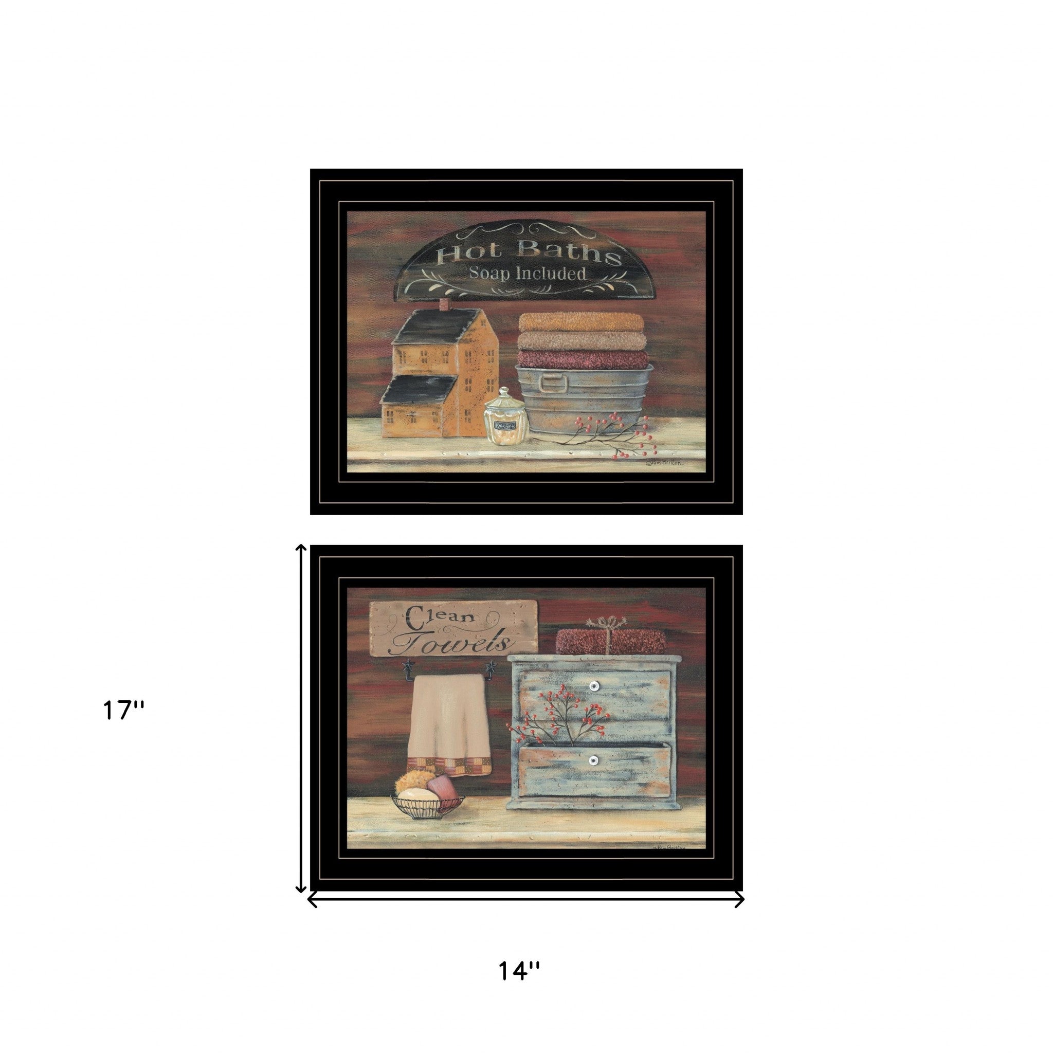 Set Of Two Hot Bath or Clean Towels 2 Black Framed Print Bathroom Wall Art