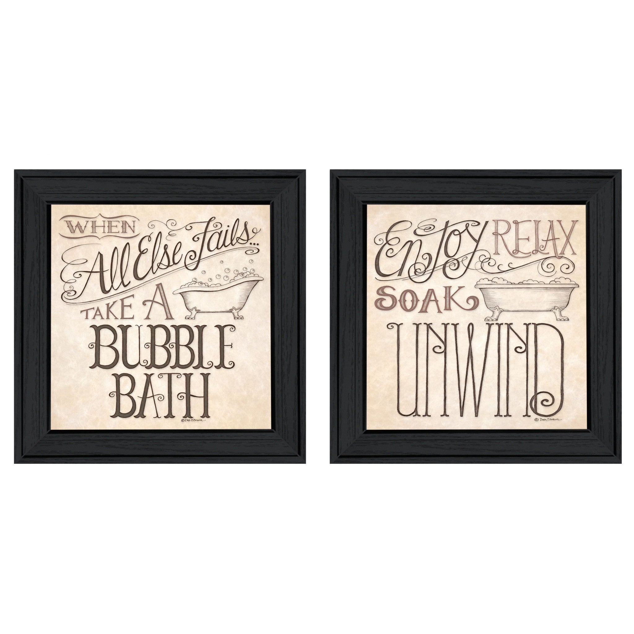 Set Of Two Soak and Unwind 1 Black Framed Print Bathroom Wall Art