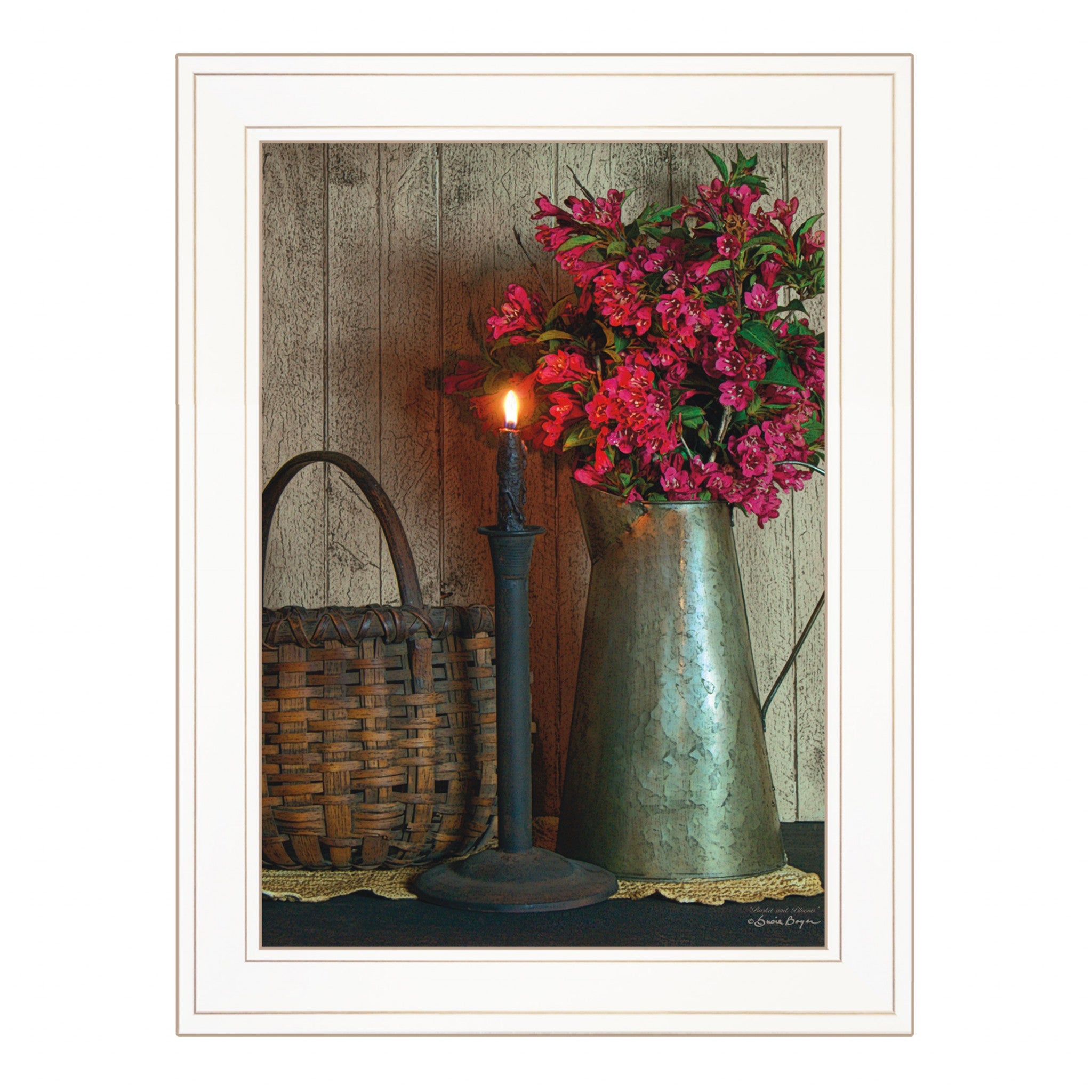 Basket & Blossoms White Framed Print Wall Art