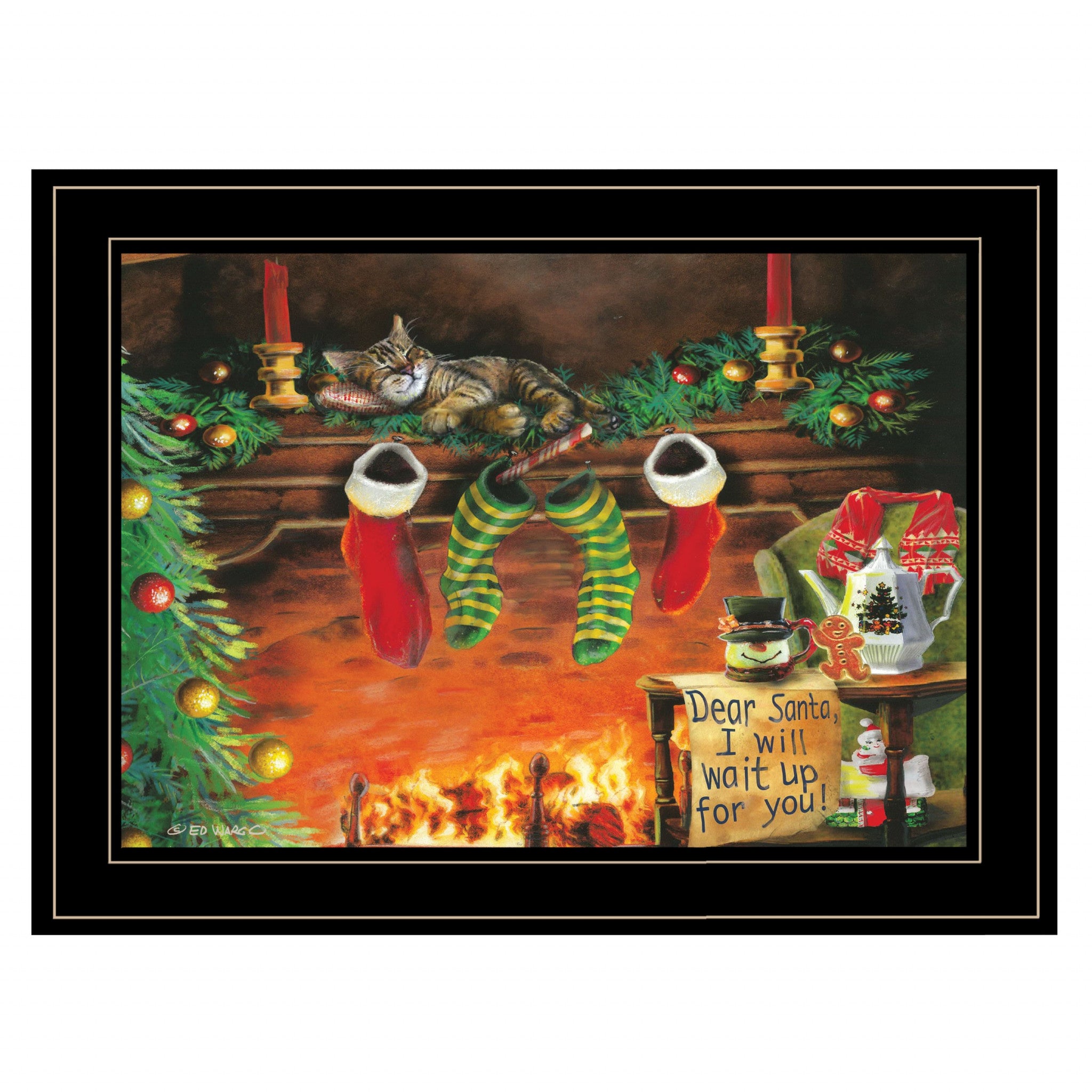 I Will Wait Up Cat Christmas Black Framed Print Wall Art