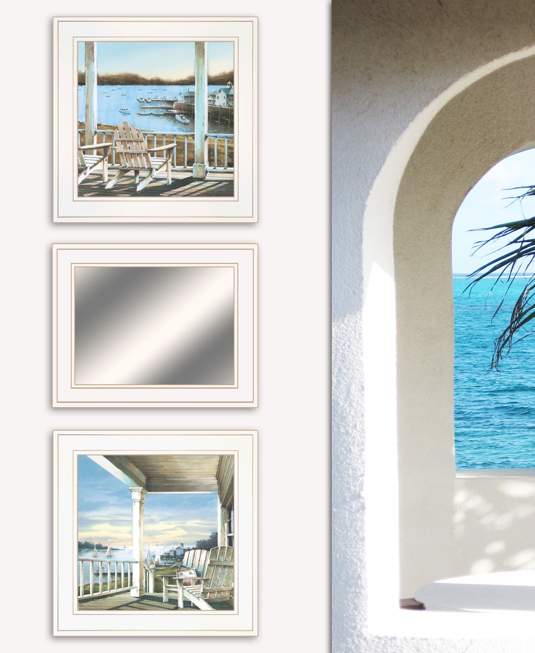 Set Of Three Lake Side White Framed Wall Art With Mirror