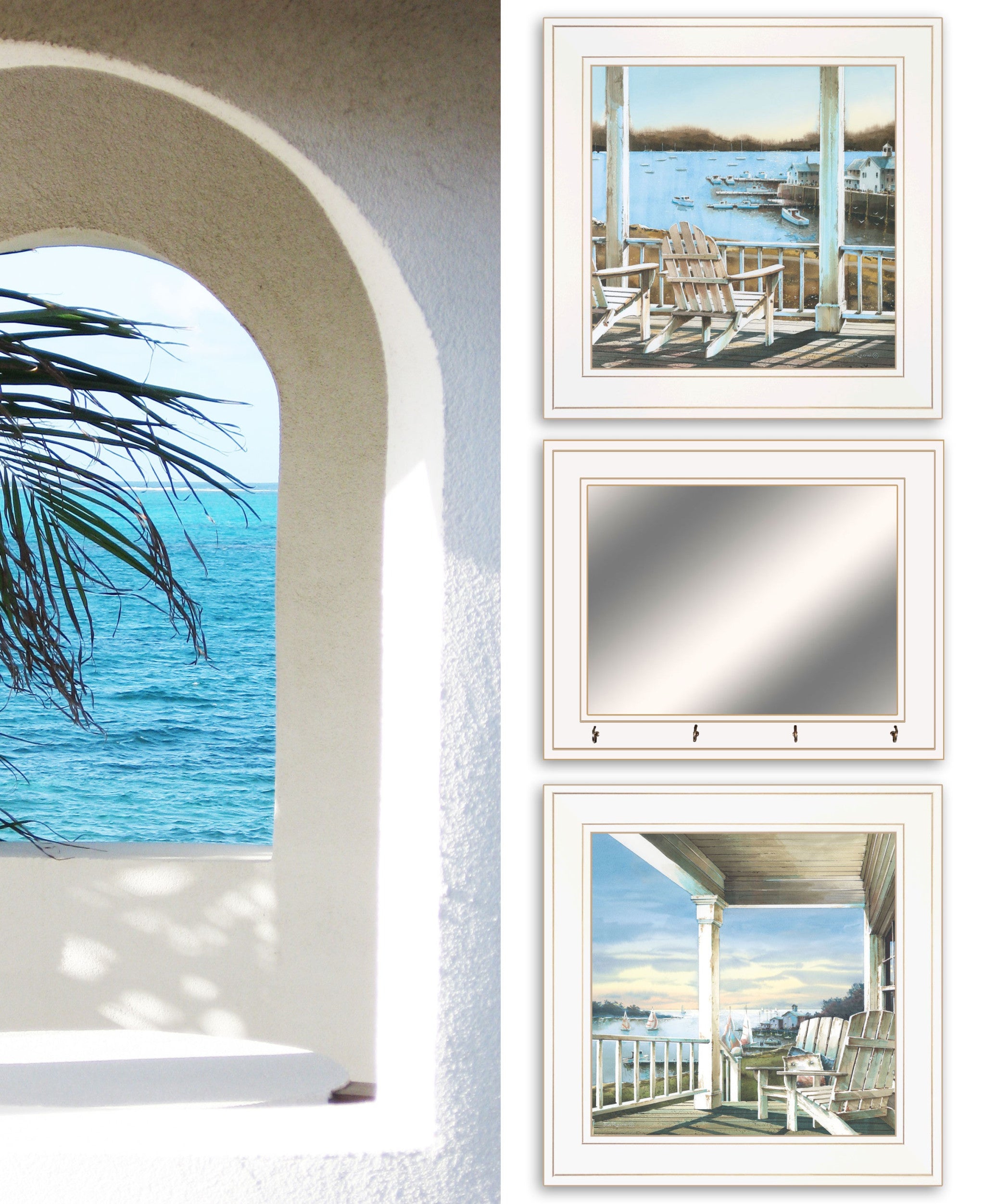 Set Of Three Lake Side White Framed Wall Art With Mirror And Hooks