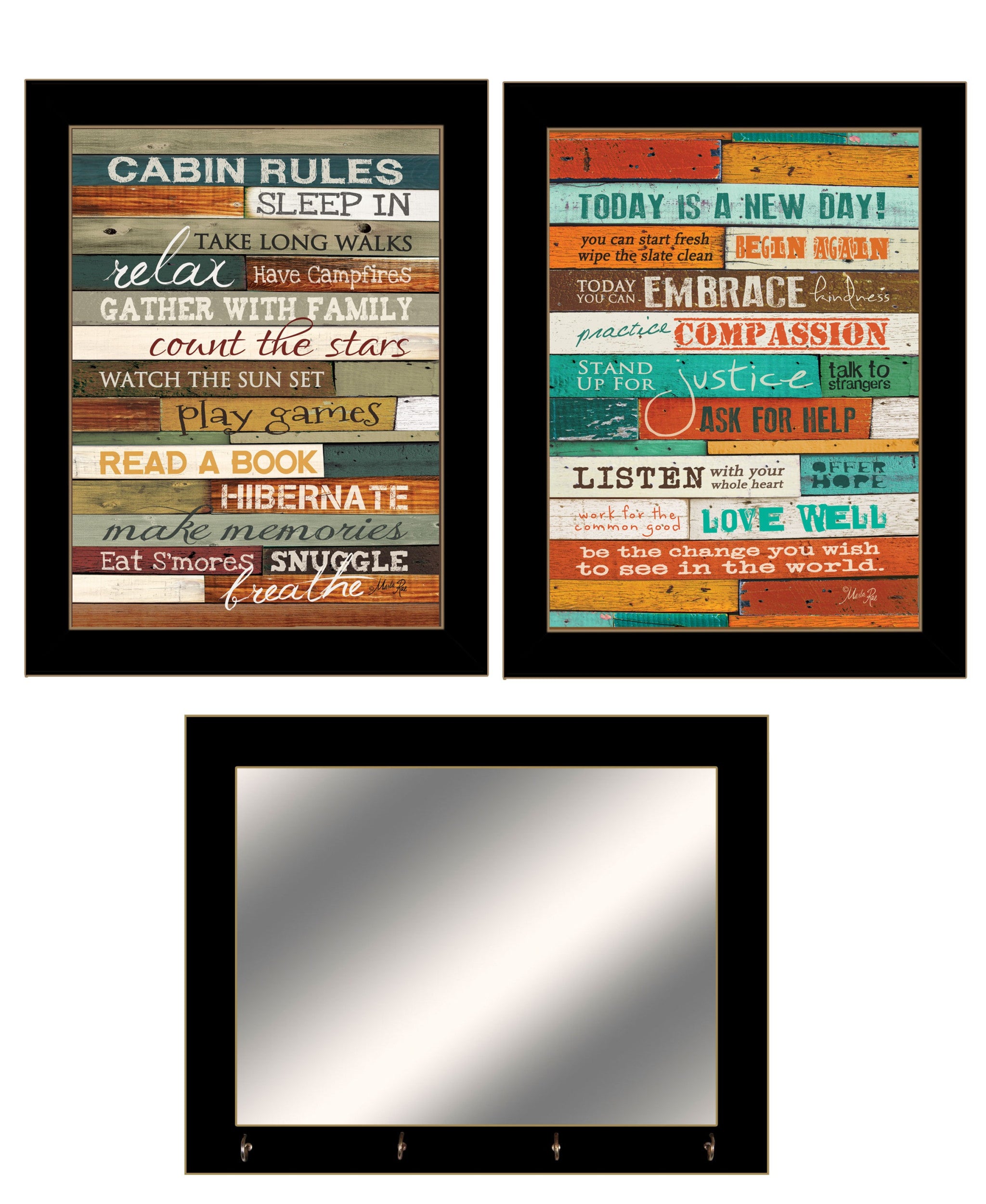 Set Of Three Cabin Rules Black Framed Wall Art With Mirror And Hooks