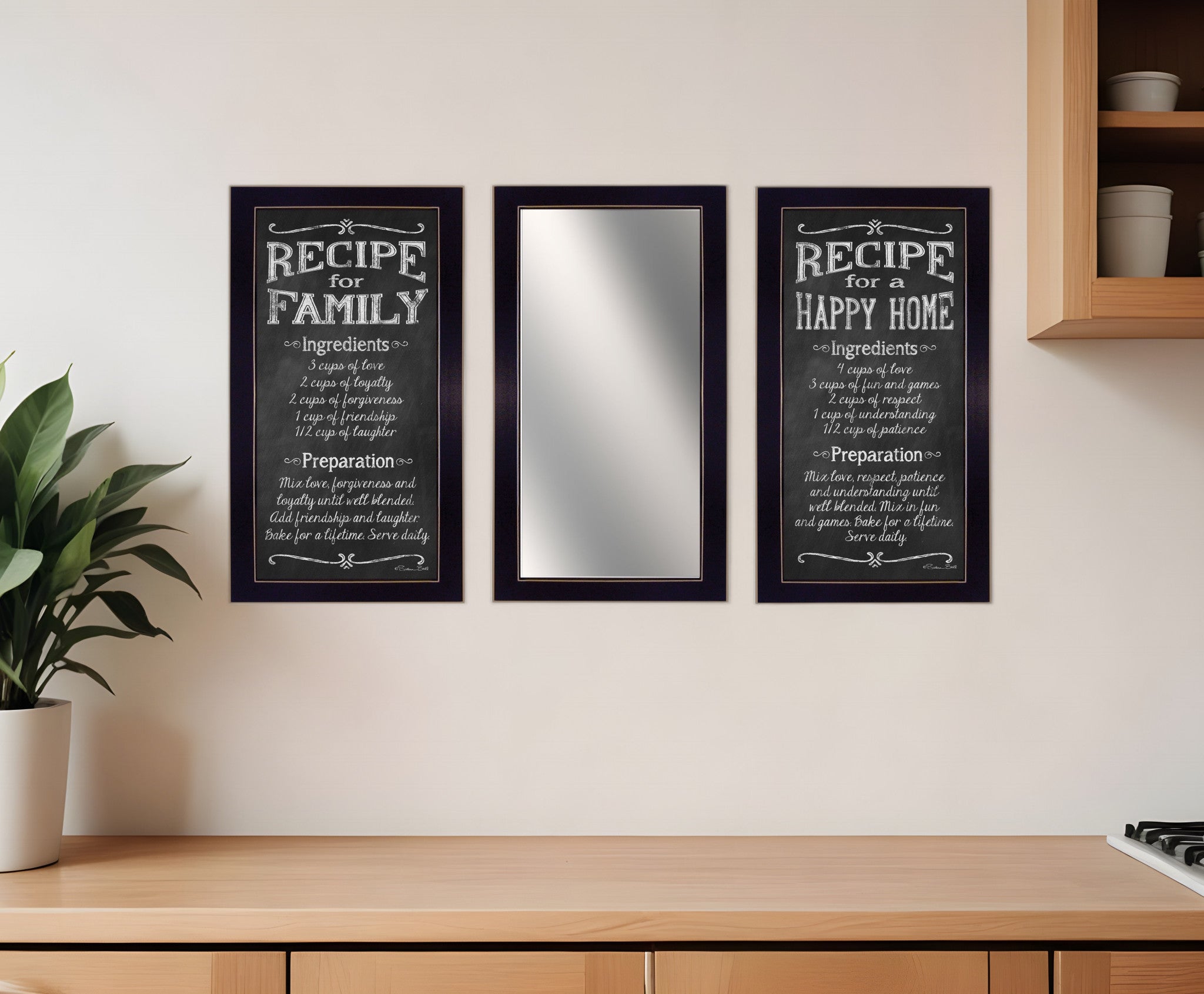 Set Of Three Family Recipe Black Framed Kitchen Wall Art With Mirror