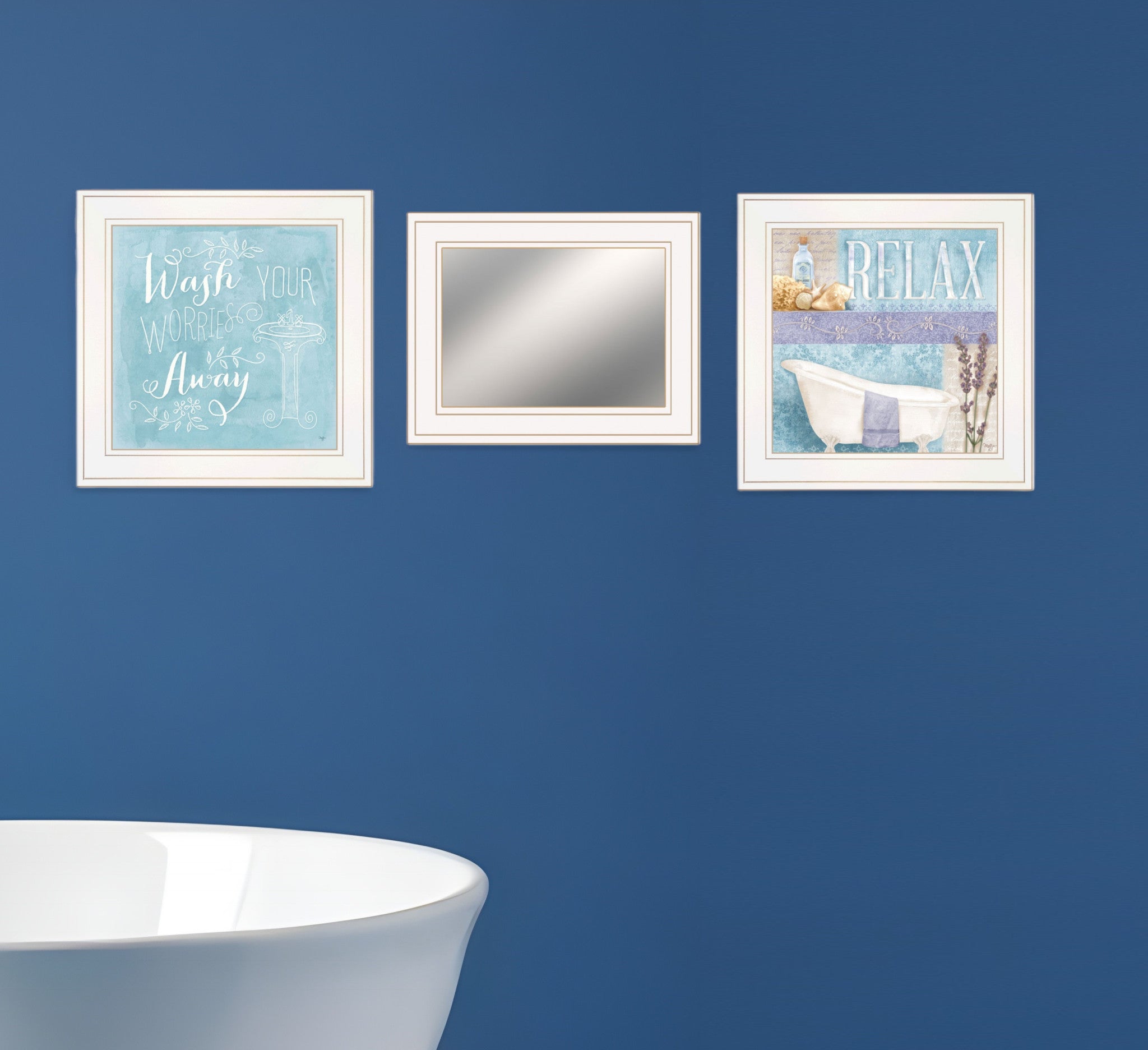 Set Of Three Wash 1 White Framed Print Bathroom Wall Art