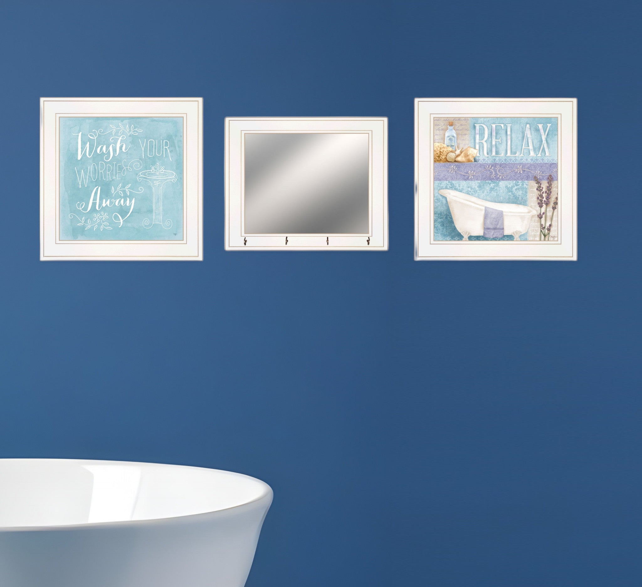 Set Of Three Wash 3 White Framed Print Bathroom Wall Art