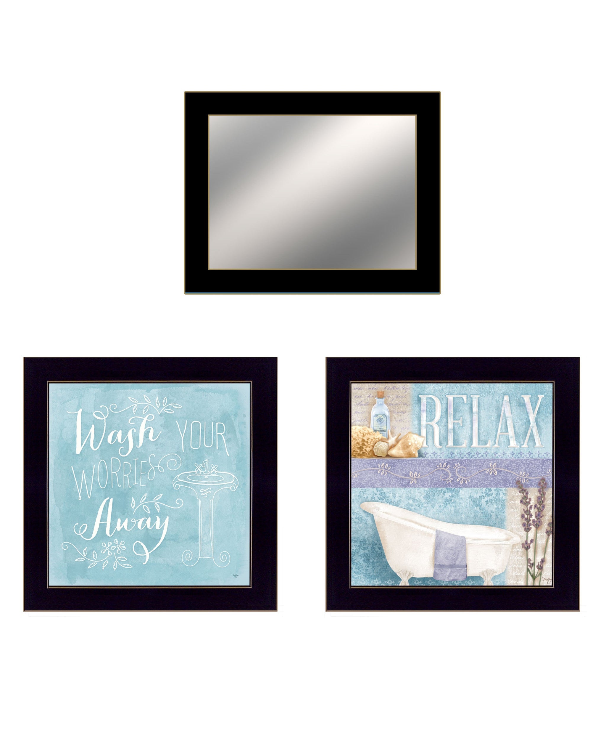 Set Of Three Wash Black Framed Bathroom Wall Art With Mirror