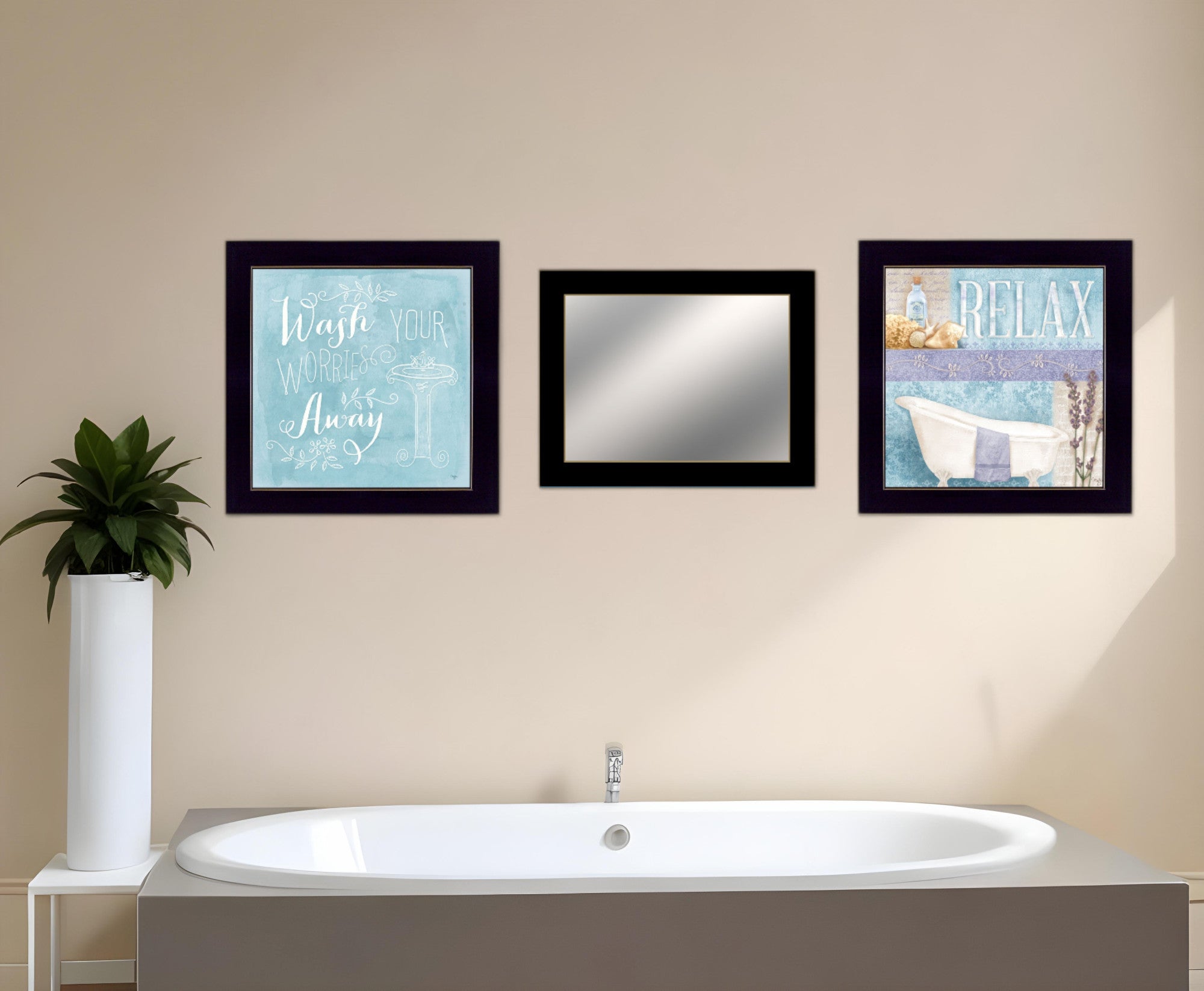 Set Of Three Wash Black Framed Bathroom Wall Art With Mirror