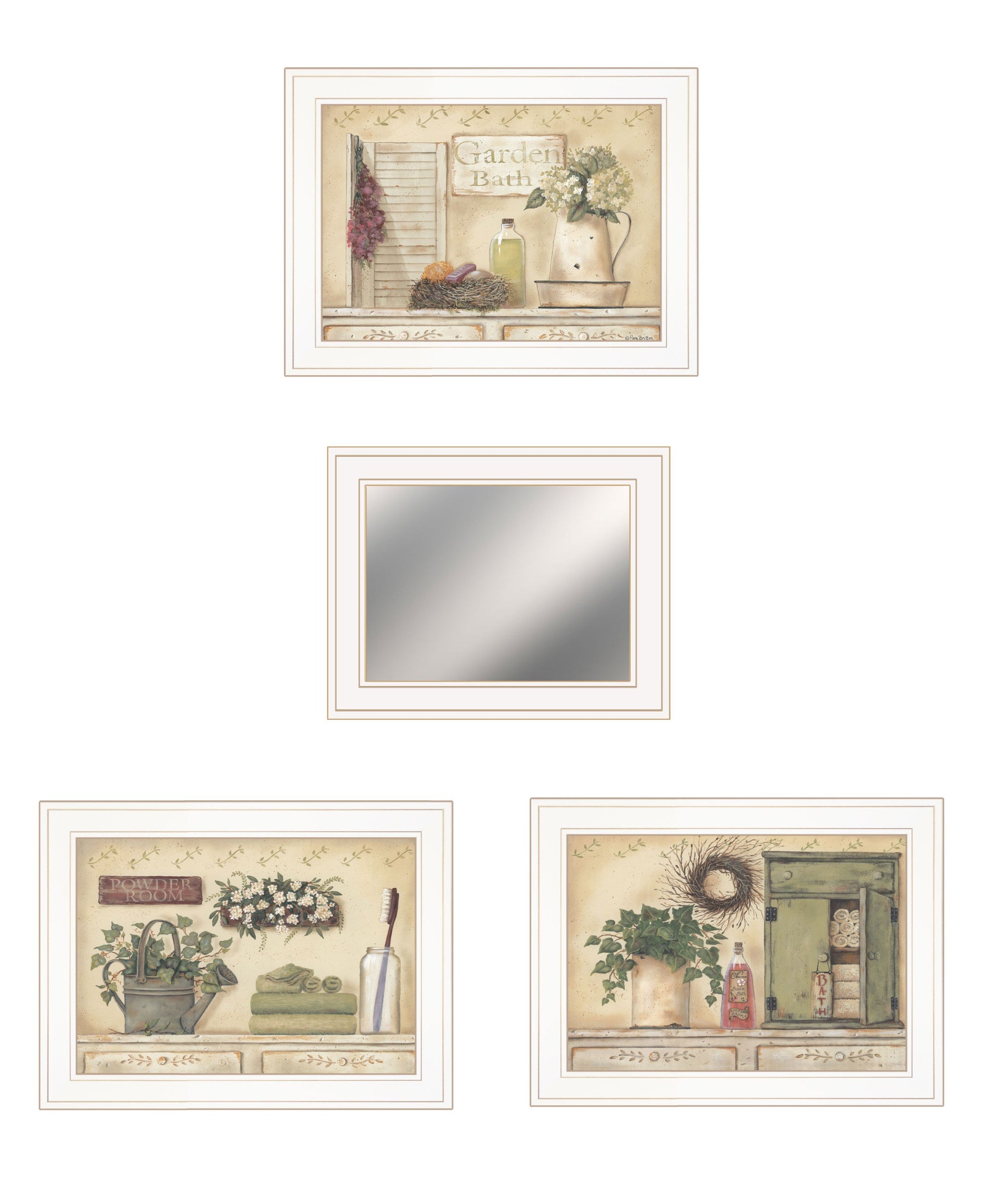 Set Of Four Garden Bath White Framed Bathroom Wall Art And Mirror