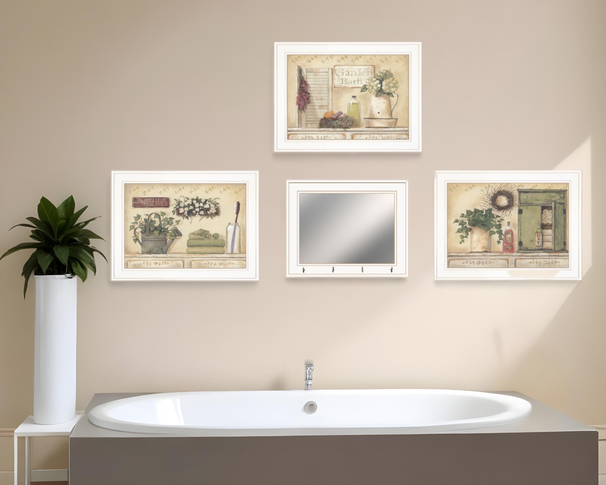 Set Of Four Garden Bath White Framed Bathroom Wall Art And Mirror With Hooks