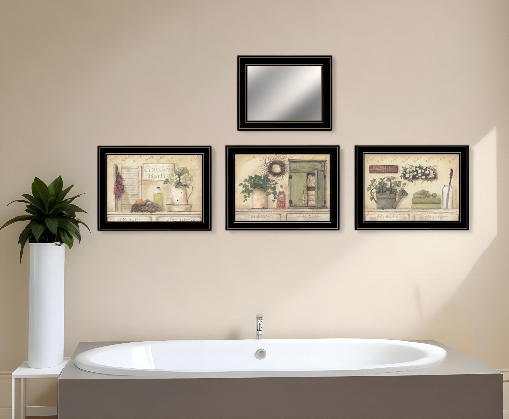 Set Of Four Garden Bath Black Framed Bathroom Wall Art And Mirror