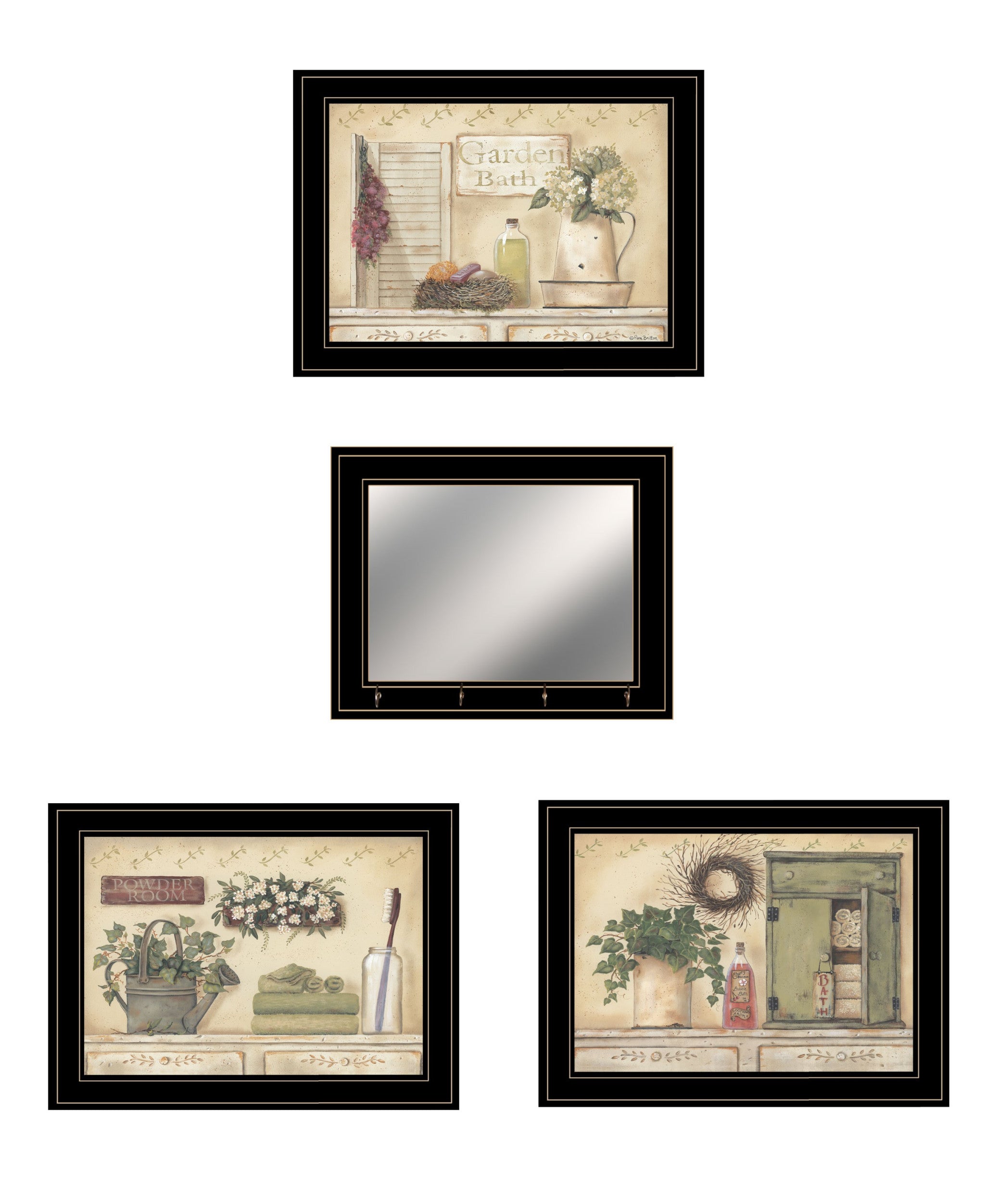 Set Of Four Garden Bath Black Framed Bathroom Wall Art And Mirror With Hooks