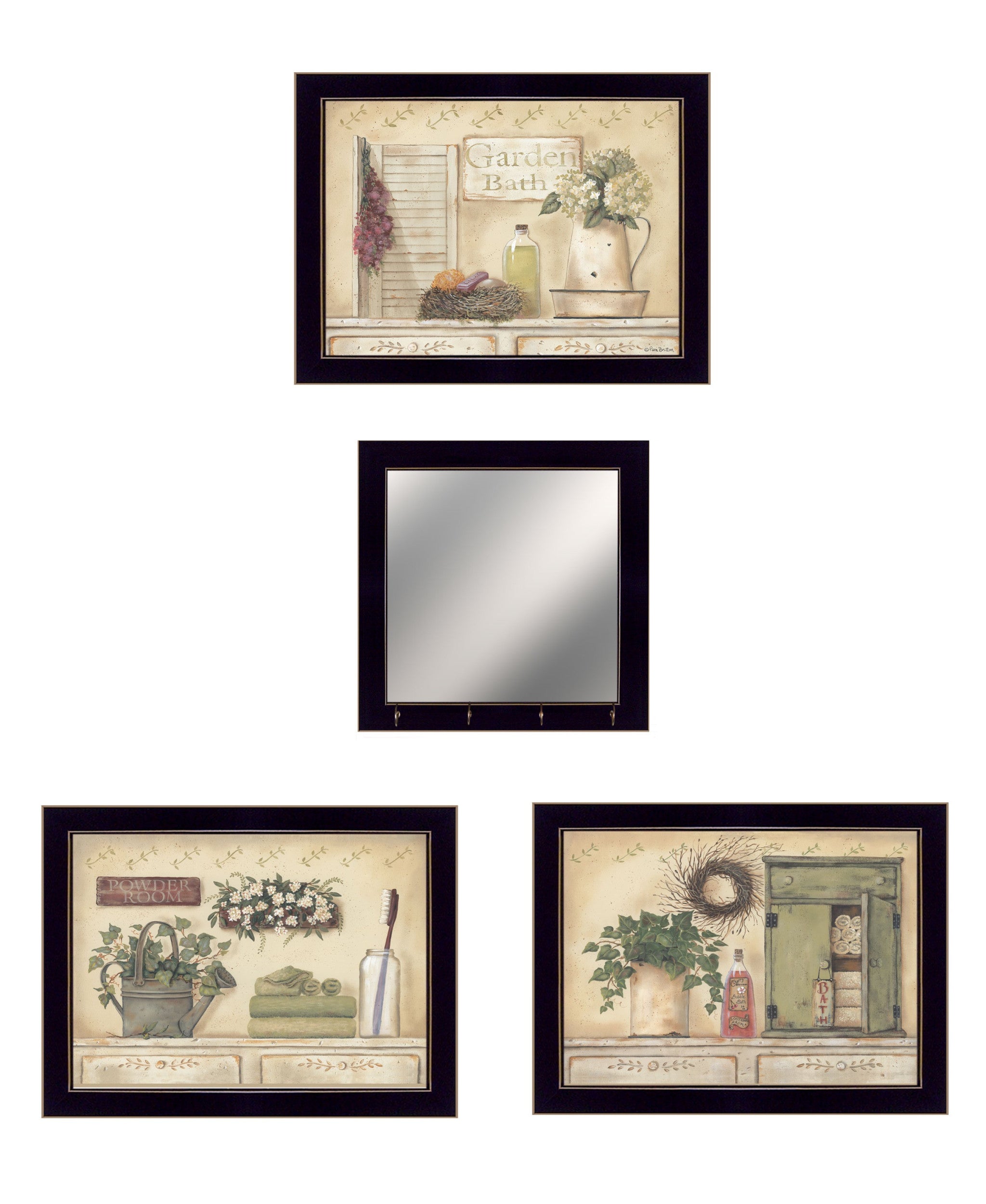 Set Of Four Garden Bath Black Framed Bathroom Wall Art And Mirror With Hooks