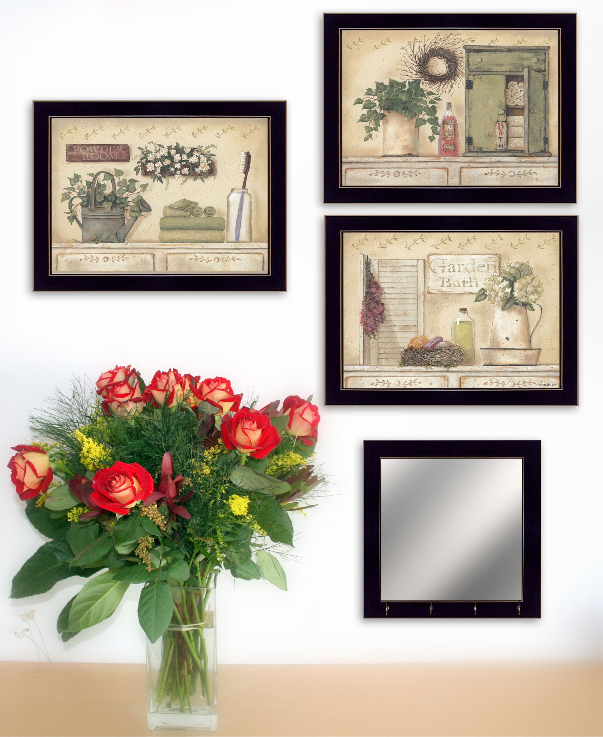 Set Of Four Garden Bath Black Framed Bathroom Wall Art And Mirror With Hooks